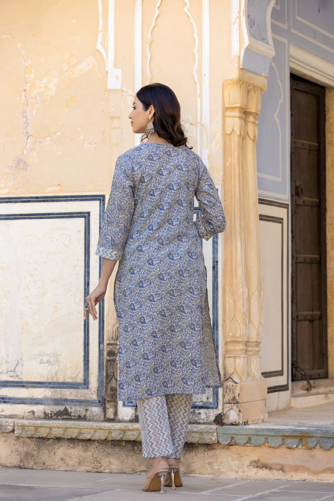 The Kurti Collection Women Grey Embroidered V Neck Kurta With Printed Bottom And Dupatta