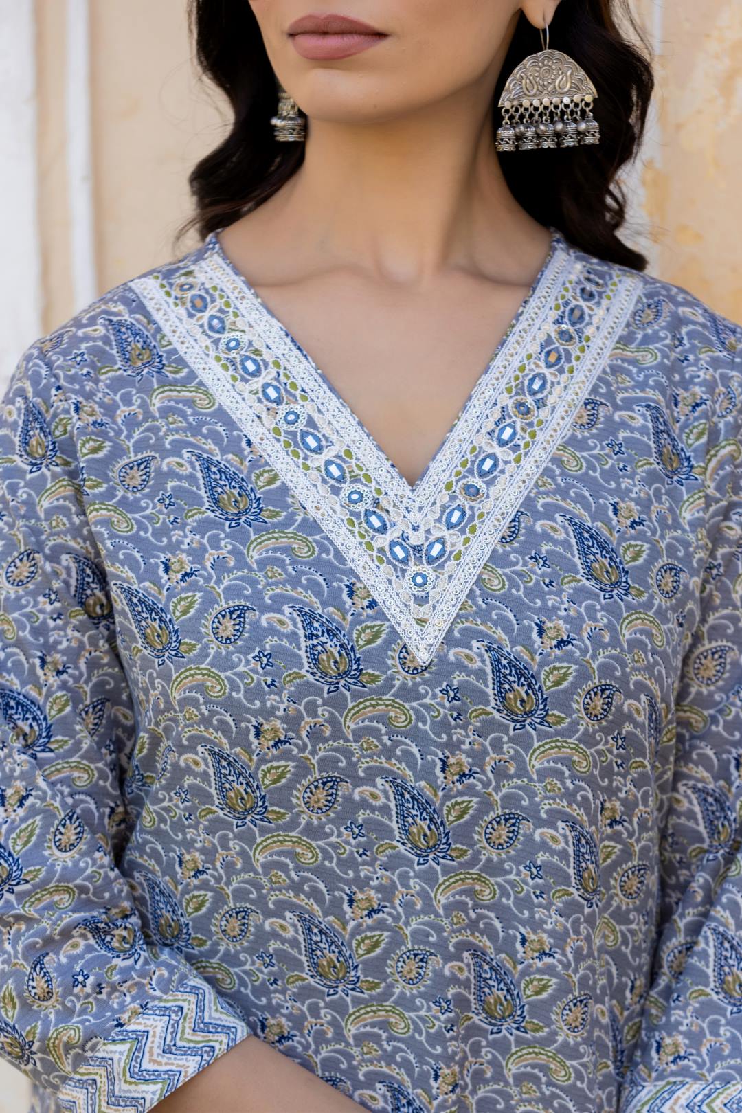 The Kurti Collection Women Grey Embroidered V Neck Kurta With Printed Bottom And Dupatta
