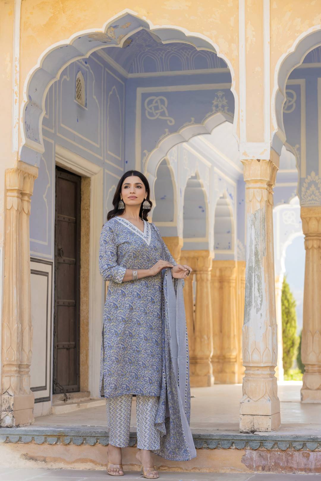 The Kurti Collection Women Grey Embroidered V Neck Kurta With Printed Bottom And Dupatta