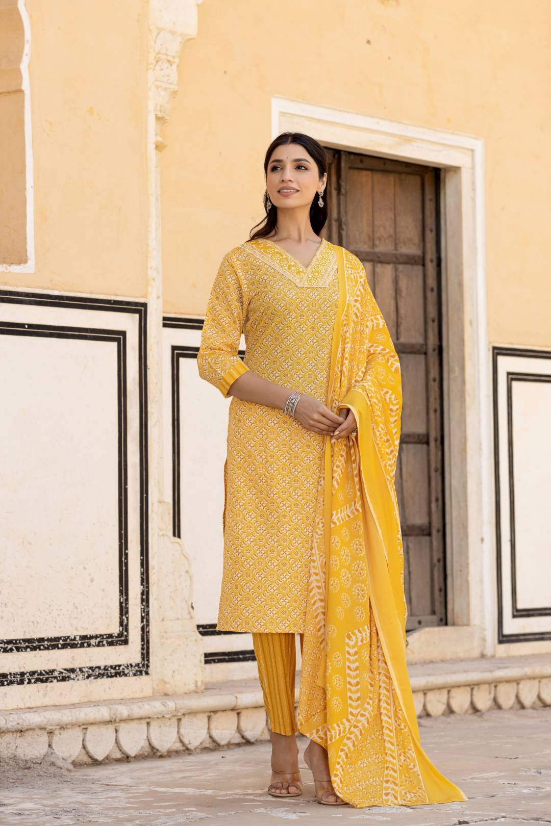 The Kurti Collection Women Yellow V Neck Thread Embroidered Kurta Paired With Printed Bottom And Dupatta