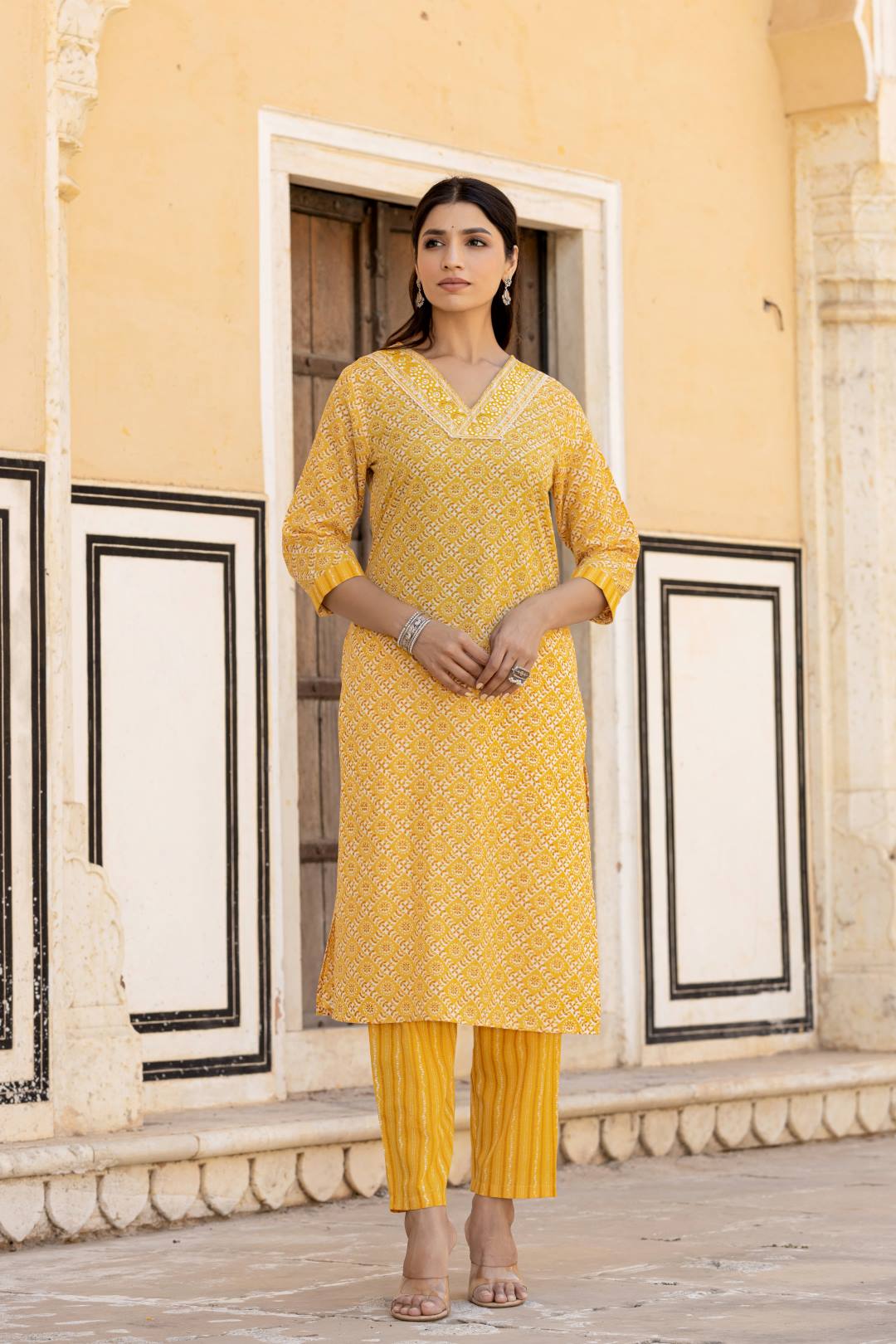 The Kurti Collection Women Yellow V Neck Thread Embroidered Kurta Paired With Printed Bottom And Dupatta