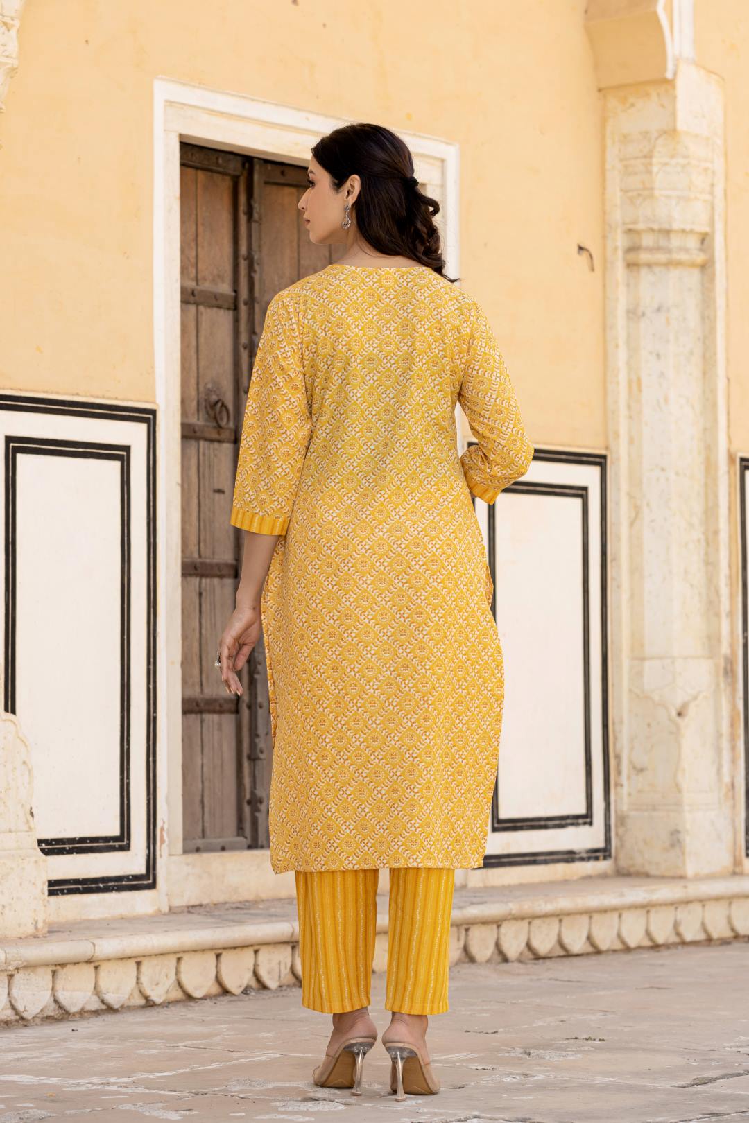 The Kurti Collection Women Yellow V Neck Thread Embroidered Kurta Paired With Printed Bottom And Dupatta