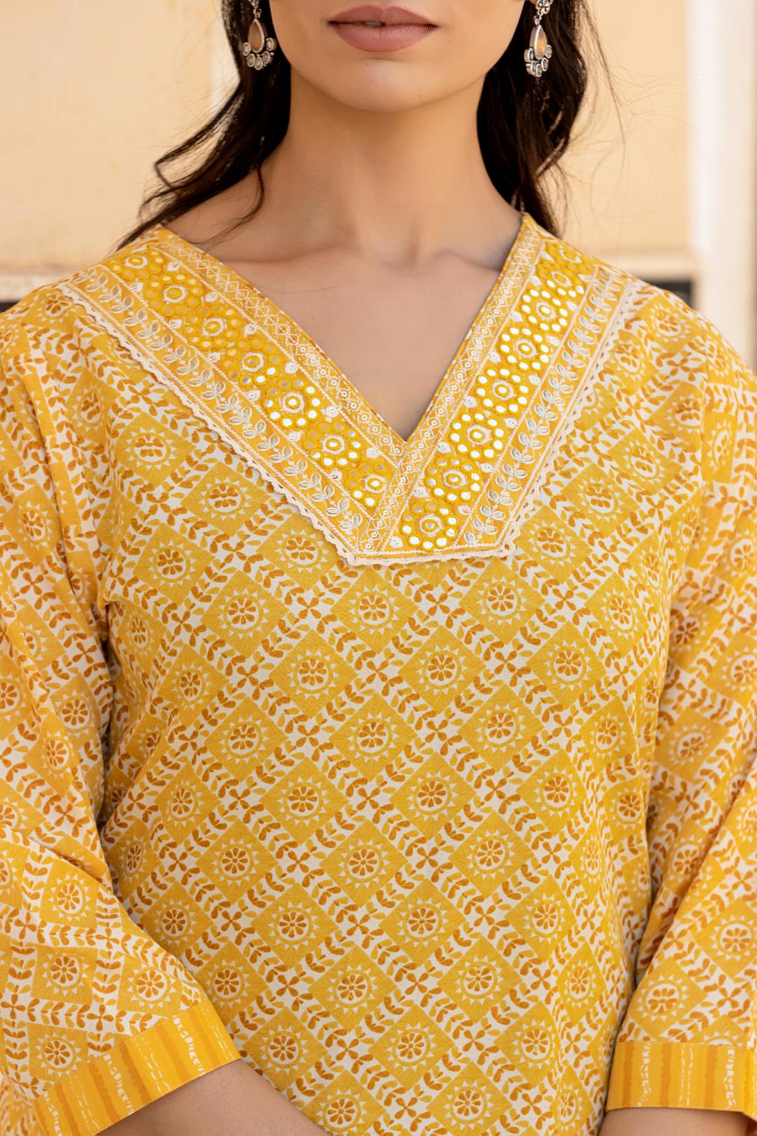 The Kurti Collection Women Yellow V Neck Thread Embroidered Kurta Paired With Printed Bottom And Dupatta