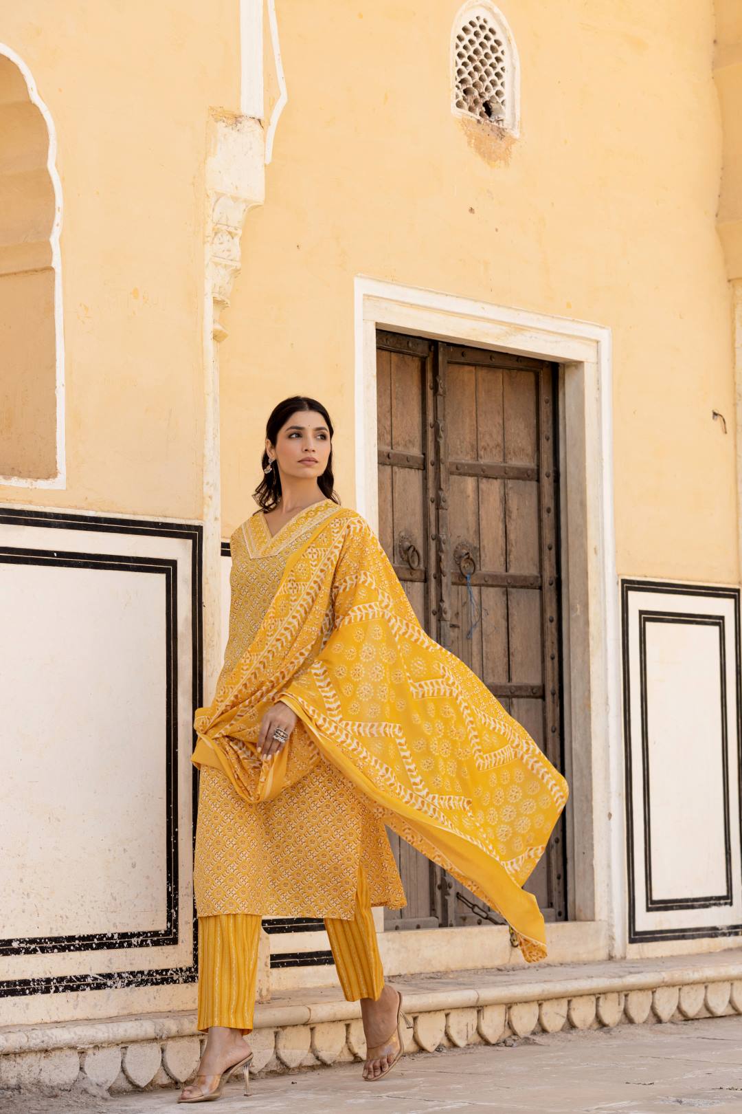 The Kurti Collection Women Yellow V Neck Thread Embroidered Kurta Paired With Printed Bottom And Dupatta
