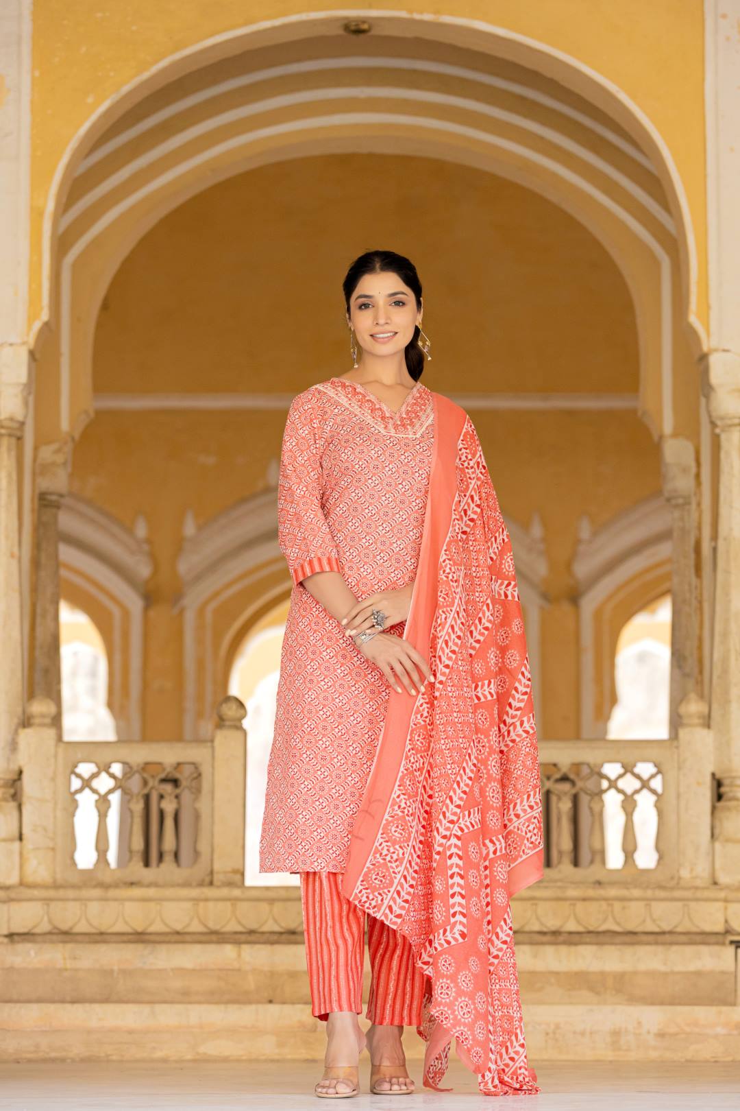 The Kurti Collection Women Red V Neck Thread Embroidered Kurta Paired With Printed Bottom And Dupatta