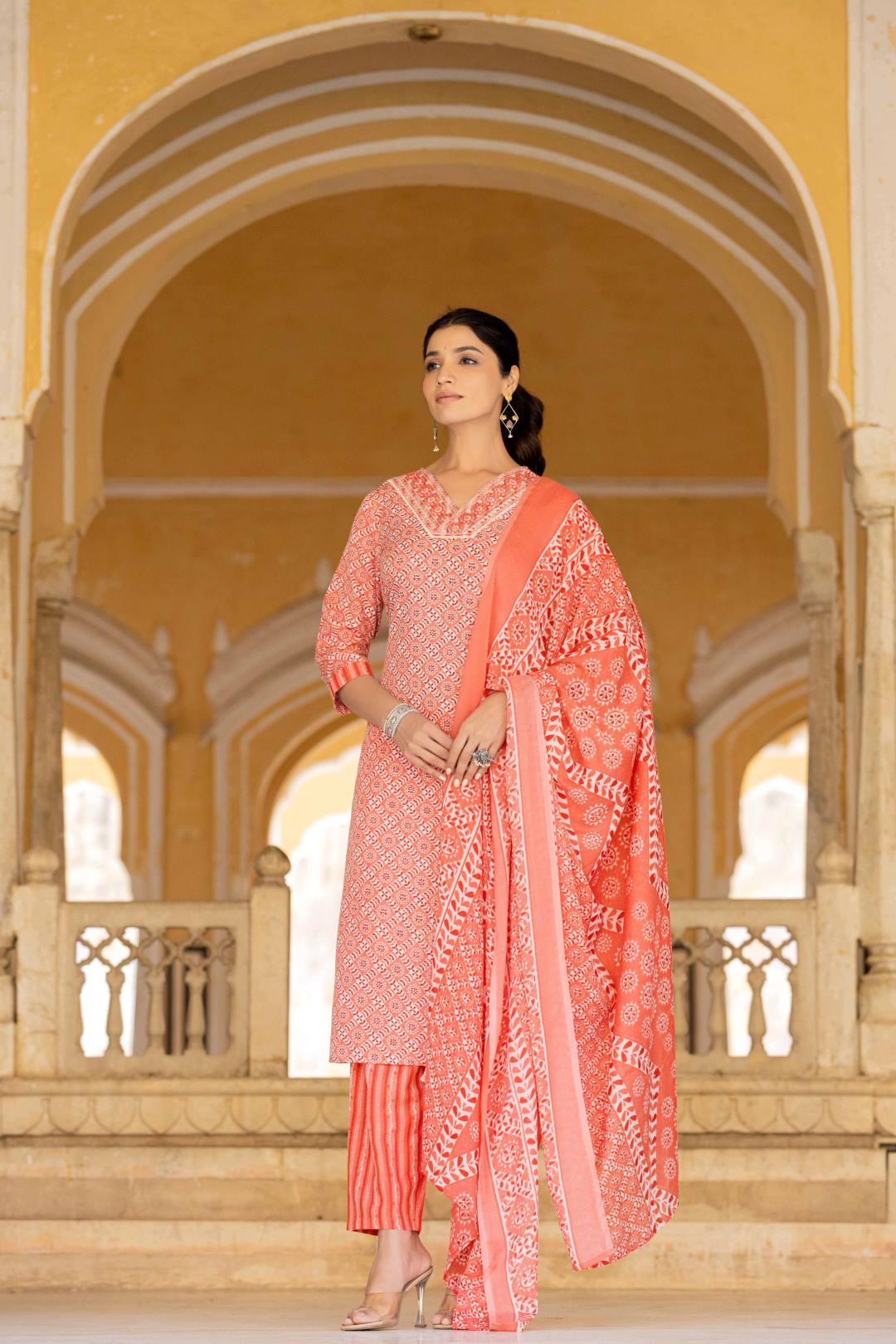 The Kurti Collection Women Red V Neck Thread Embroidered Kurta Paired With Printed Bottom And Dupatta