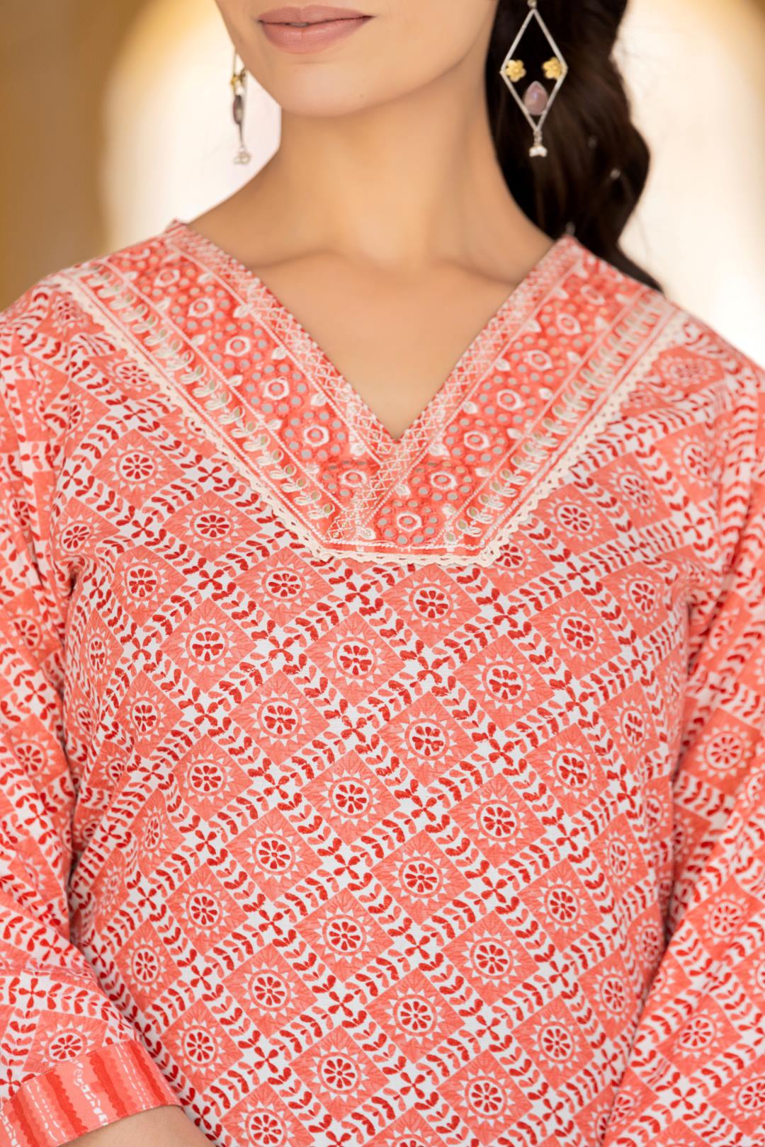The Kurti Collection Women Red V Neck Thread Embroidered Kurta Paired With Printed Bottom And Dupatta