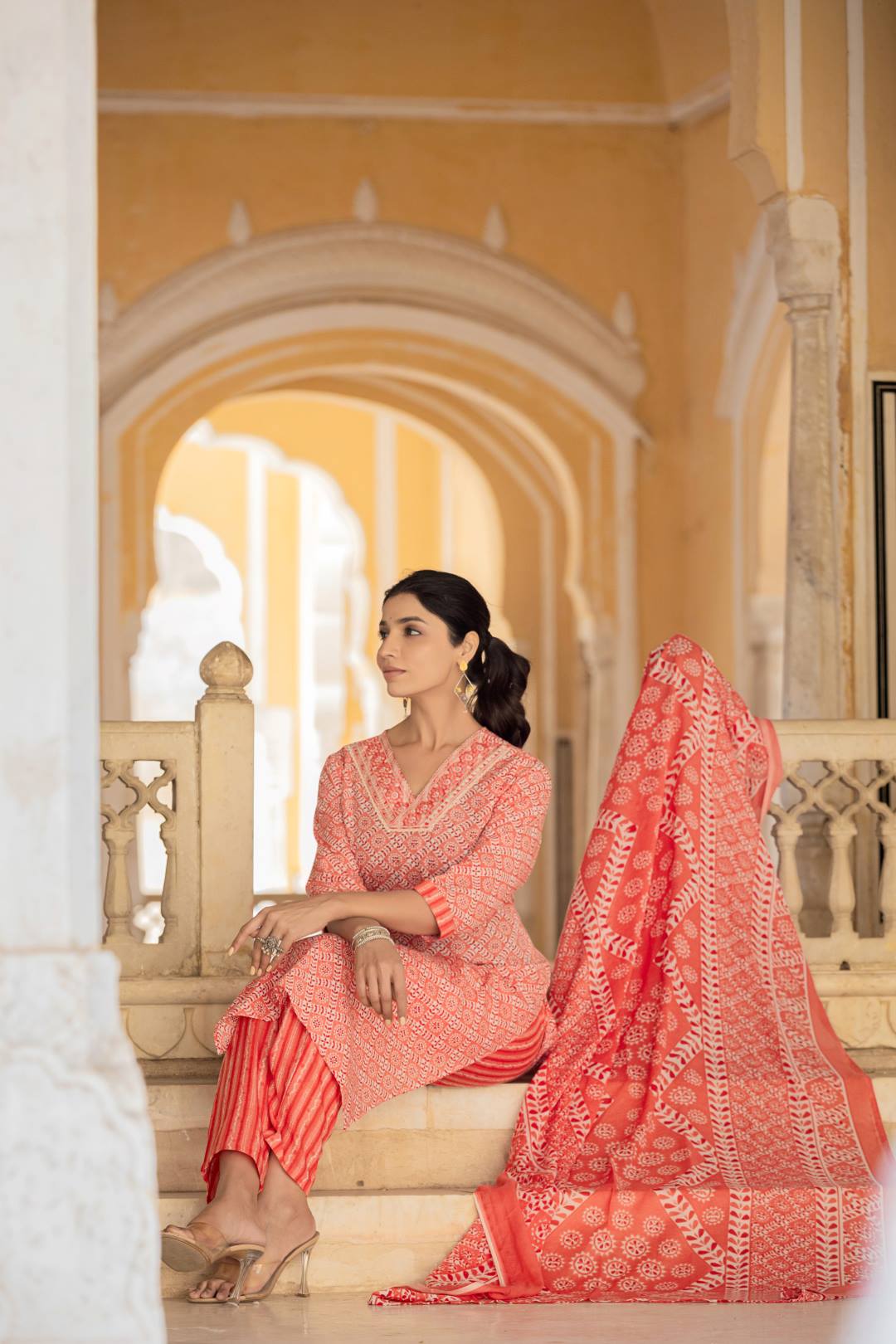 The Kurti Collection Women Red V Neck Thread Embroidered Kurta Paired With Printed Bottom And Dupatta