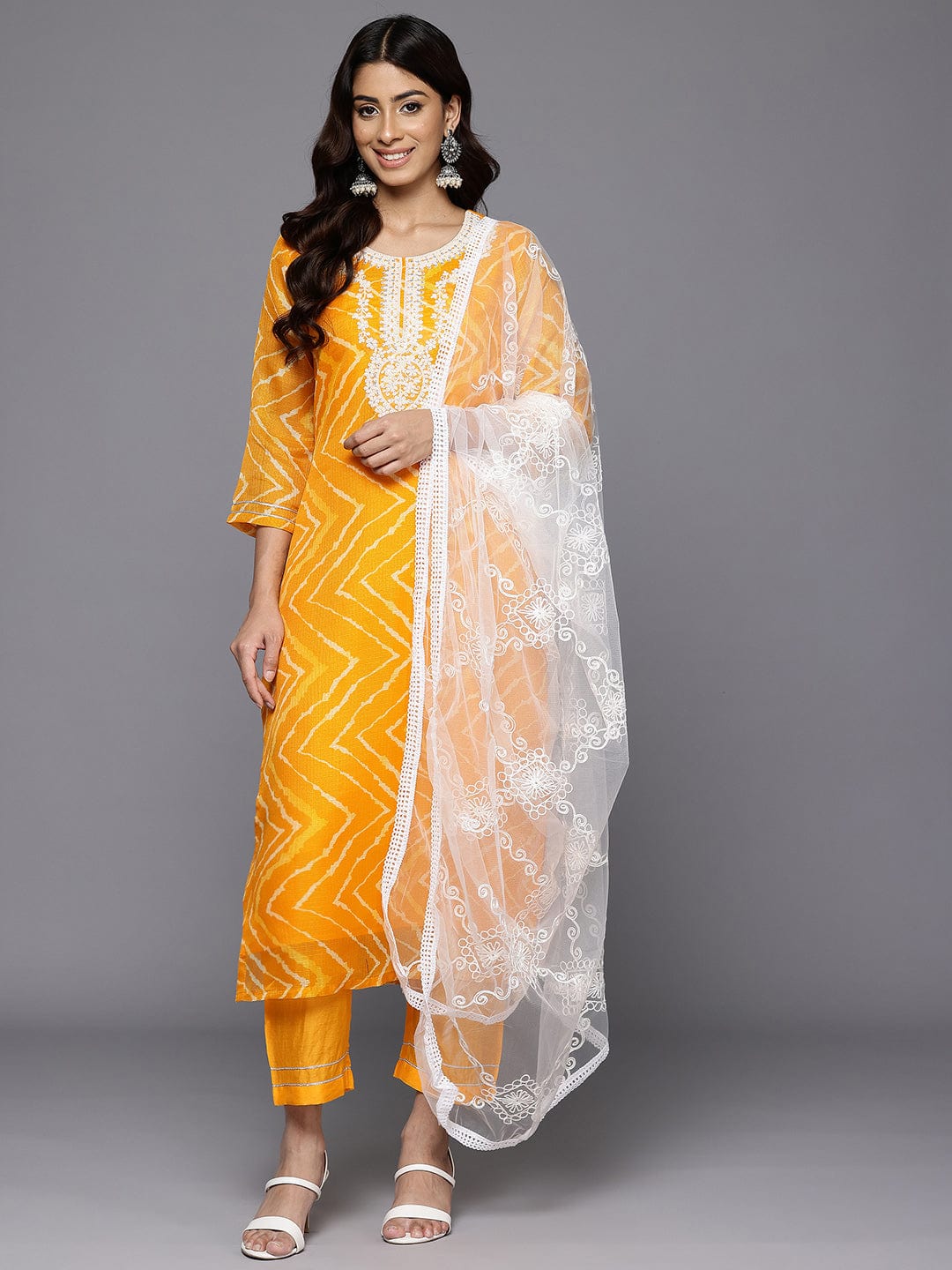The Kurti Collection Women Yellow Round Neck Embroidered Kurta With Bottom & Embroidered Dupatta