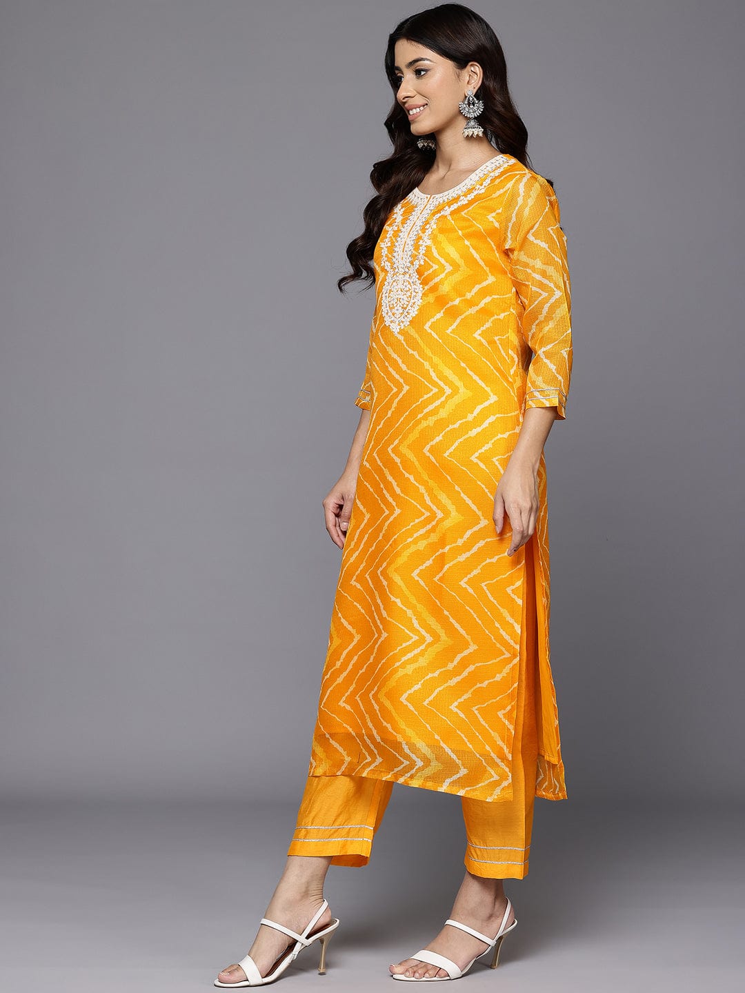 The Kurti Collection Women Yellow Round Neck Embroidered Kurta With Bottom & Embroidered Dupatta