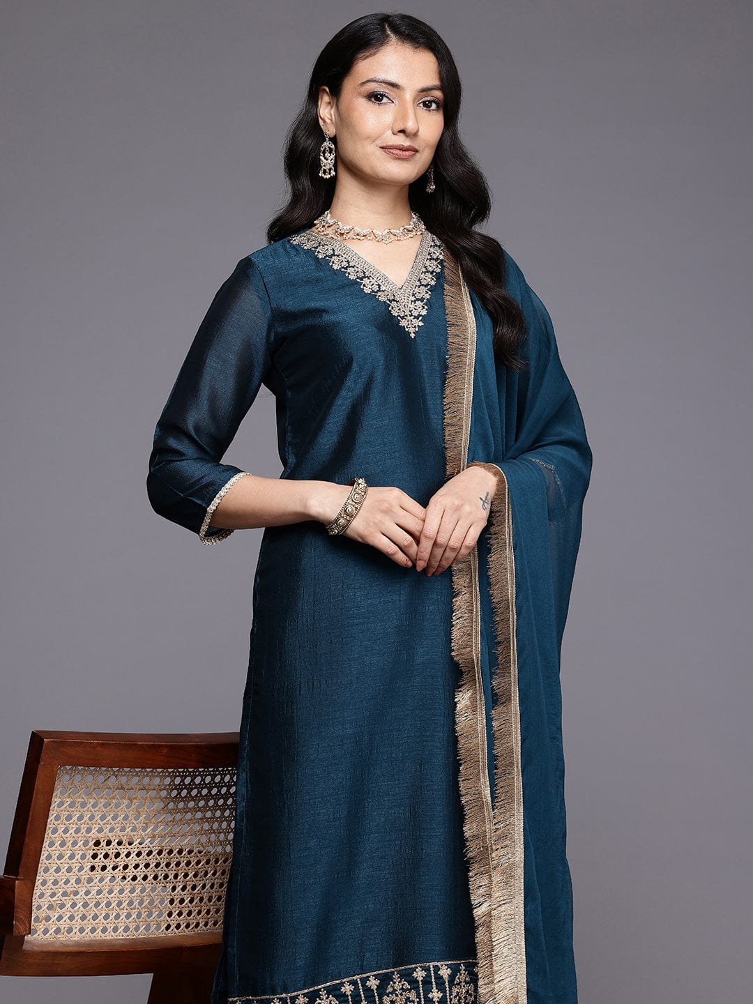 The Kurti Collection Women Blue V Neck Zari Embroidered Kurta Set With Dupatta