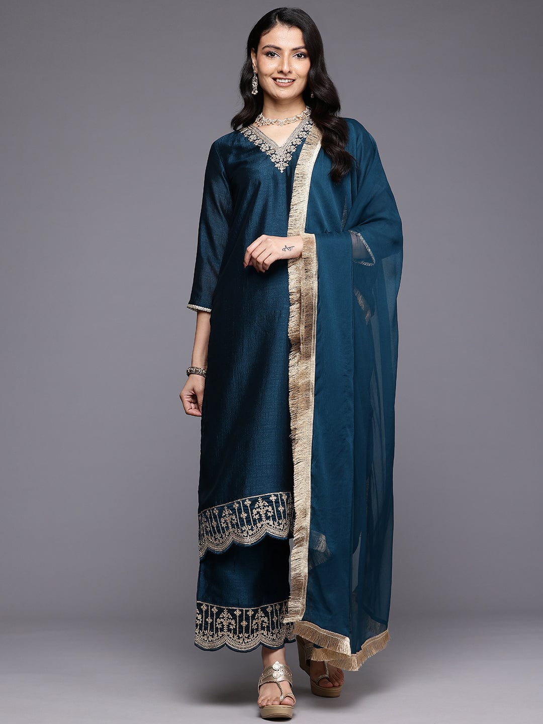 The Kurti Collection Women Blue V Neck Zari Embroidered Kurta Set With Dupatta