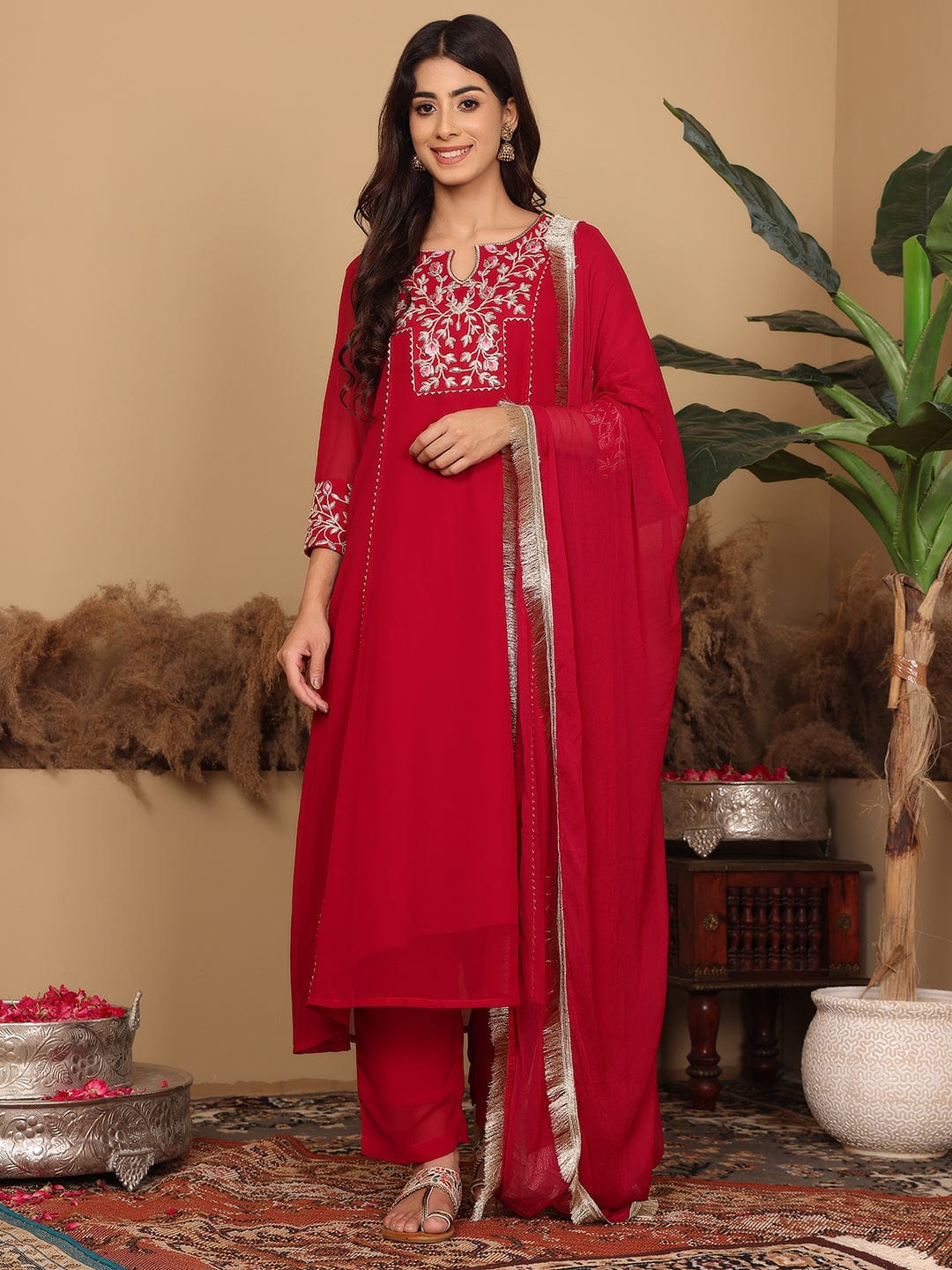 The Kurti Collection Women Magenta Embroidered Aline Kurta Paired With Tonal Bottom And Dupatta