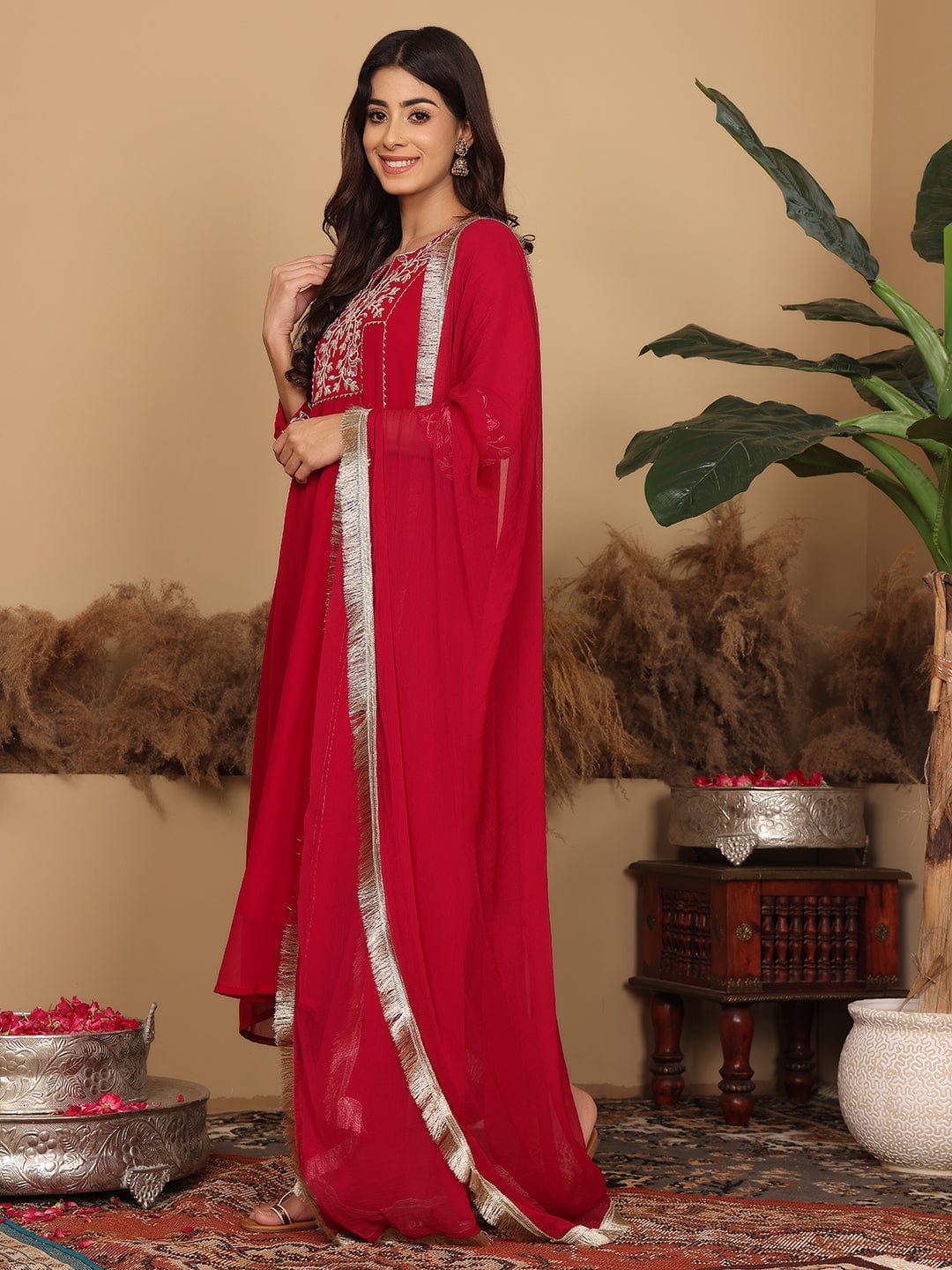 The Kurti Collection Women Magenta Embroidered Aline Kurta Paired With Tonal Bottom And Dupatta