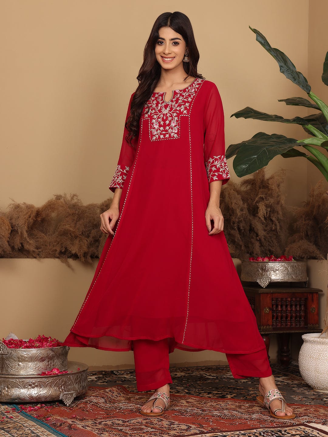 The Kurti Collection Women Magenta Embroidered Aline Kurta Paired With Tonal Bottom And Dupatta