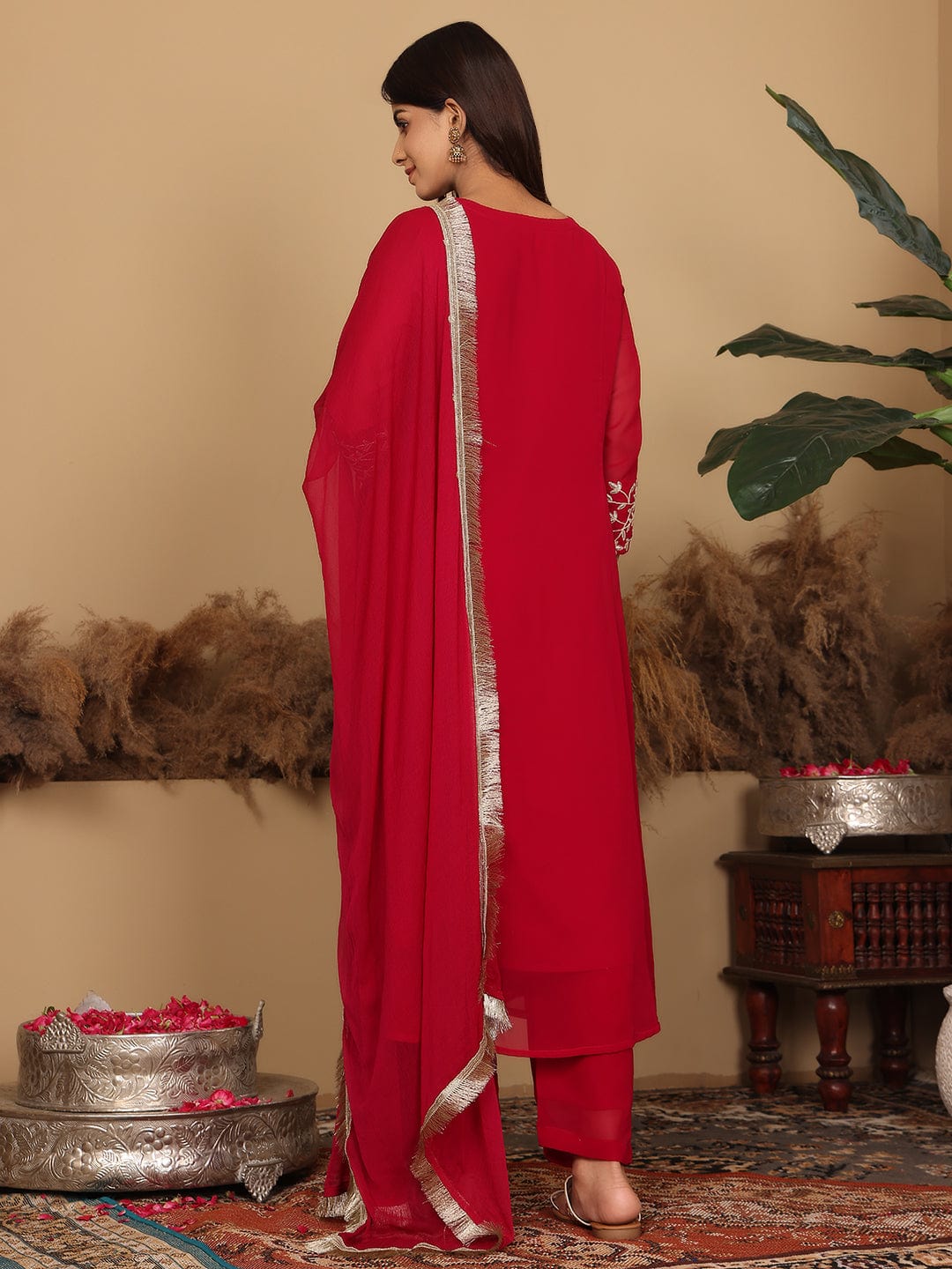 The Kurti Collection Women Magenta Embroidered Aline Kurta Paired With Tonal Bottom And Dupatta