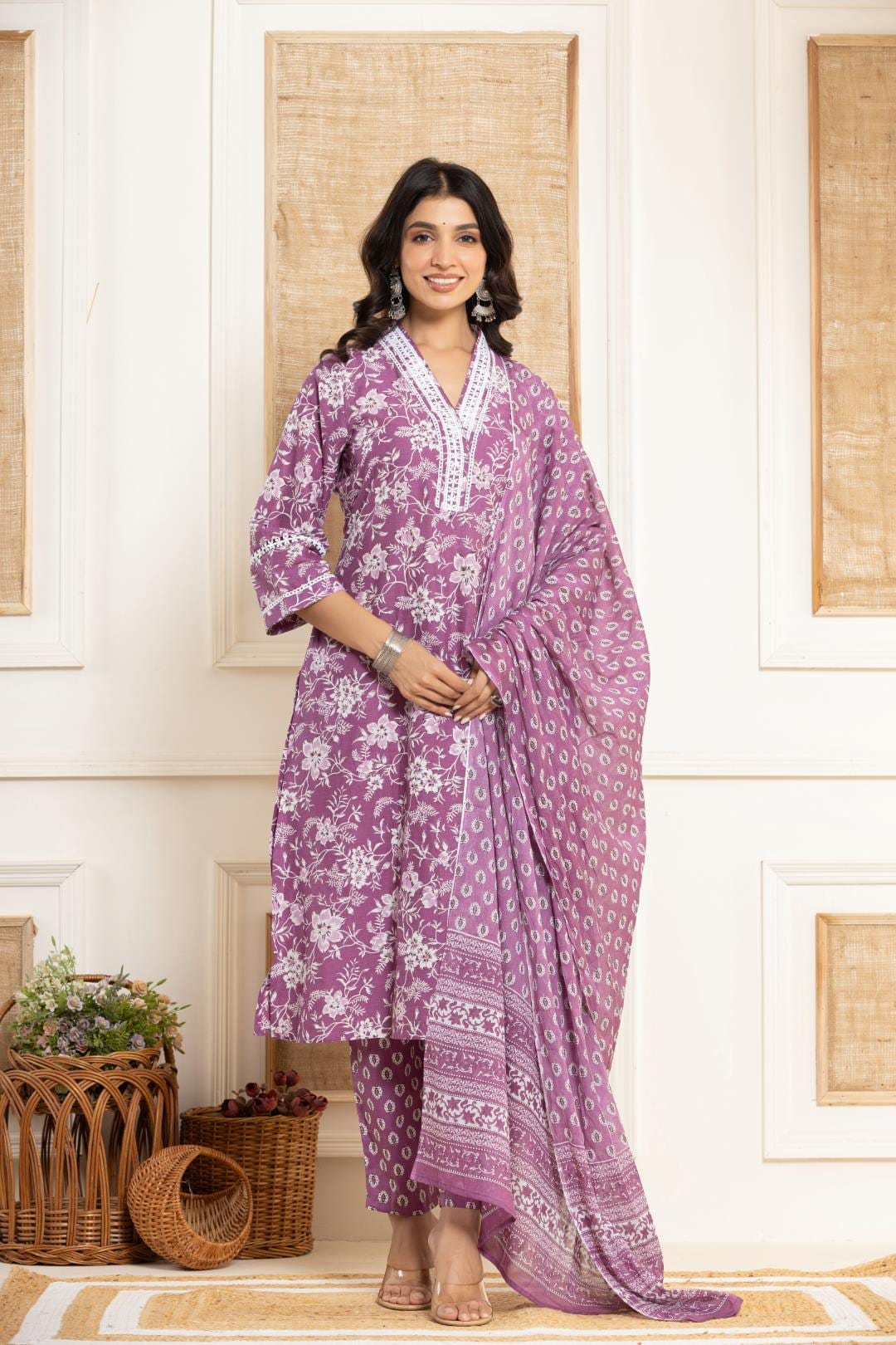 The Kurti Collection Women Purple Printed V Neck Kurta Paired With Bottom & Dupatta
