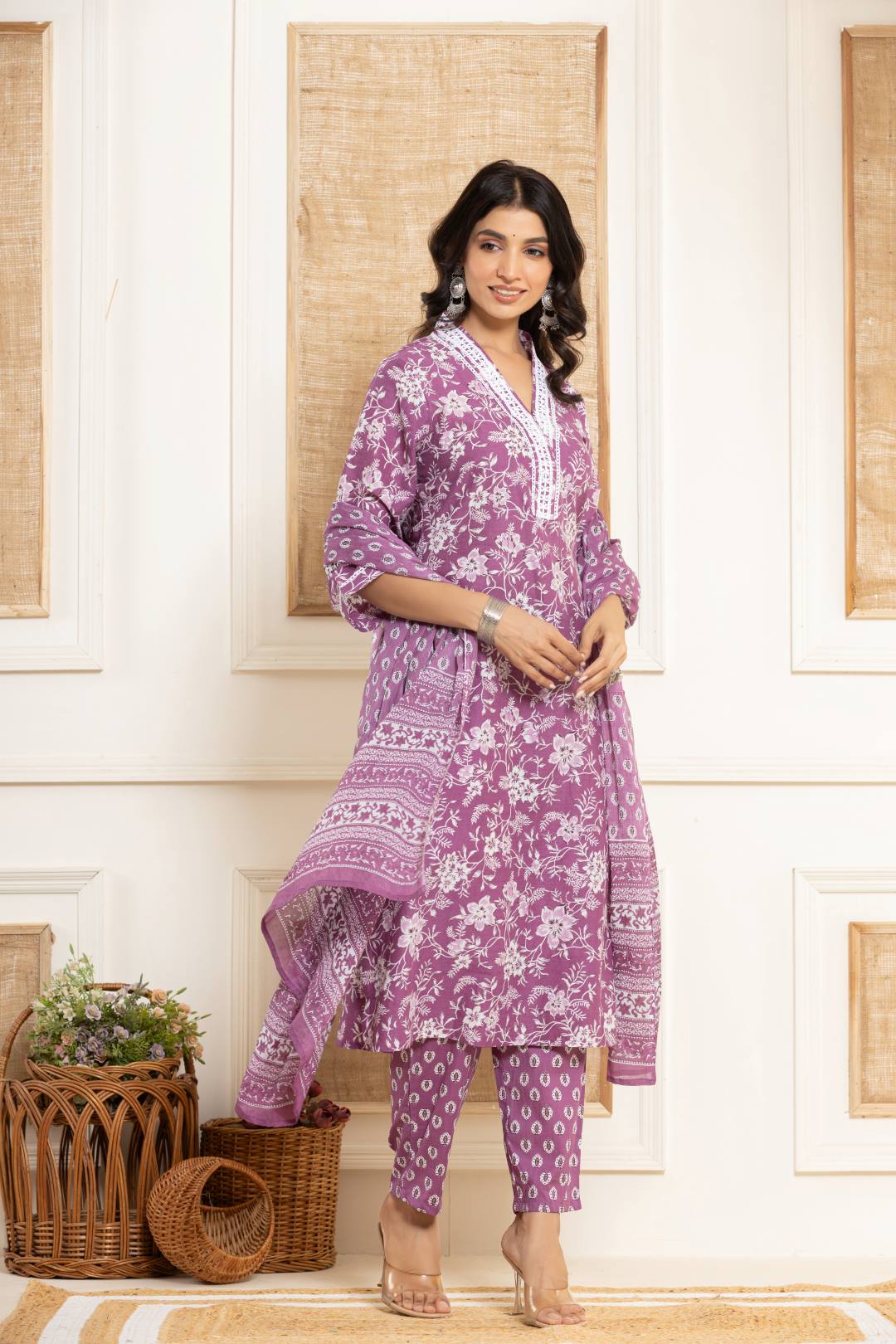 The Kurti Collection Women Purple Printed V Neck Kurta Paired With Bottom & Dupatta