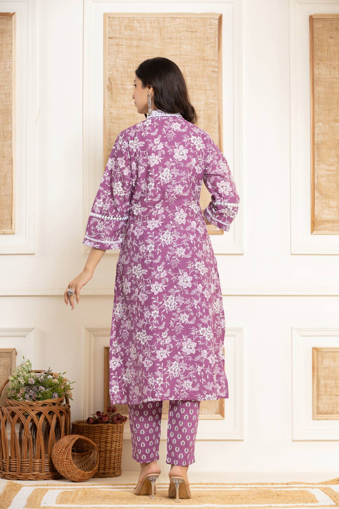 The Kurti Collection Women Purple Printed V Neck Kurta Paired With Bottom & Dupatta