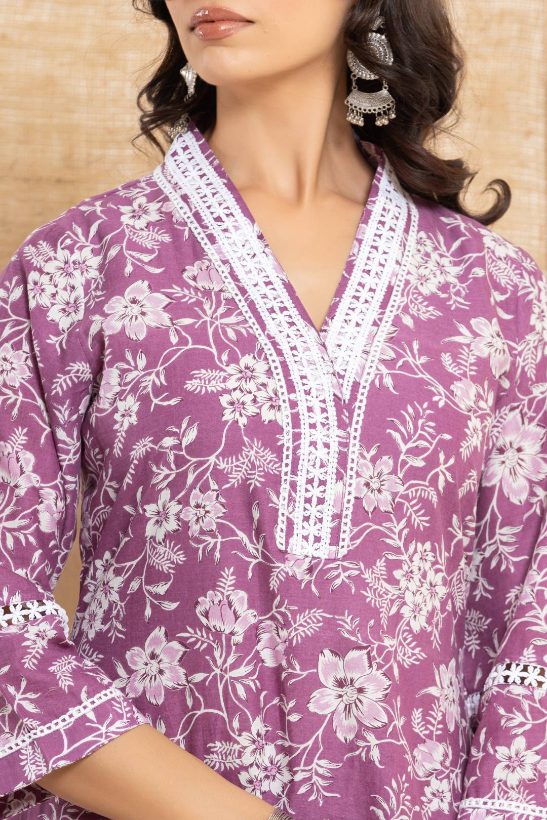 The Kurti Collection Women Purple Printed V Neck Kurta Paired With Bottom & Dupatta