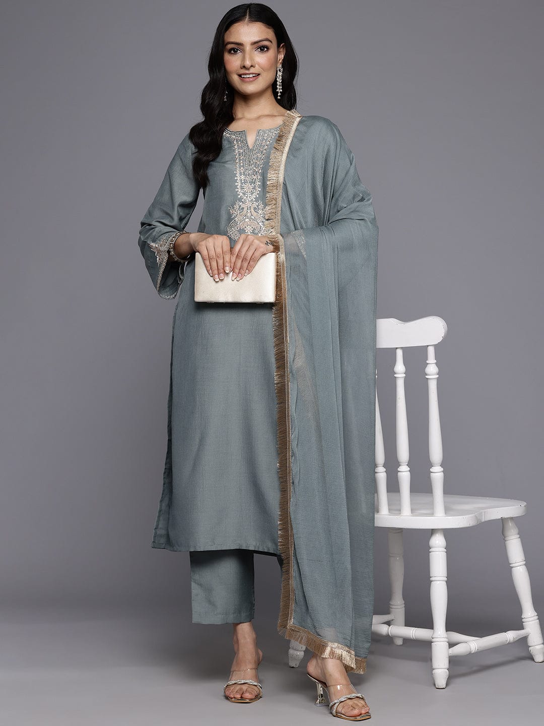The Kurti Collection Women Grey Zari Embroidered Sequins Embellished Kurta With Bottom And Dupatta