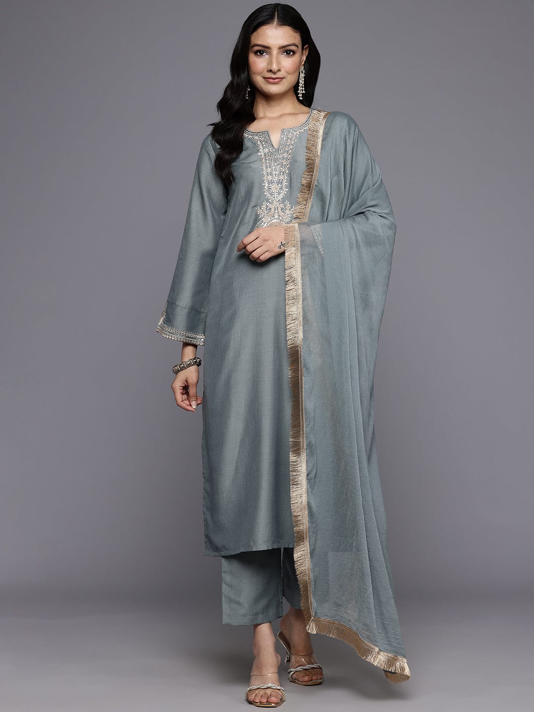 The Kurti Collection Women Grey Zari Embroidered Sequins Embellished Kurta With Bottom And Dupatta