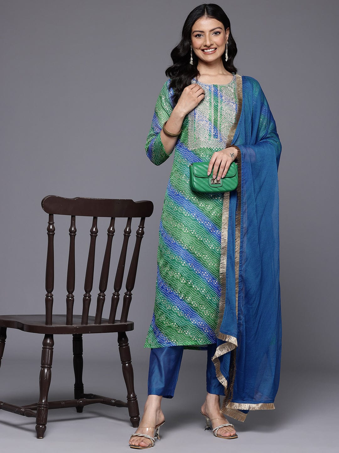 The Kurti Collection Women Blue Bandhani Printed Zari Embroidered Kurta Paired With Bottom And Dupatta