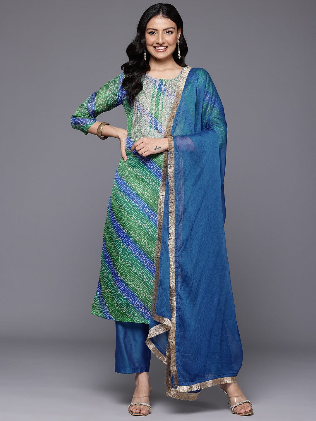 The Kurti Collection Women Blue Bandhani Printed Zari Embroidered Kurta Paired With Bottom And Dupatta