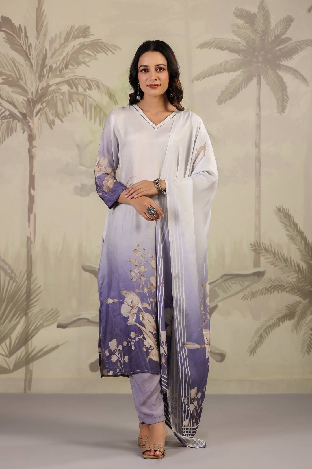 The Kurti Collection Women White V Neck Printed Kurta Paired With Bottom And Printed Dupatta