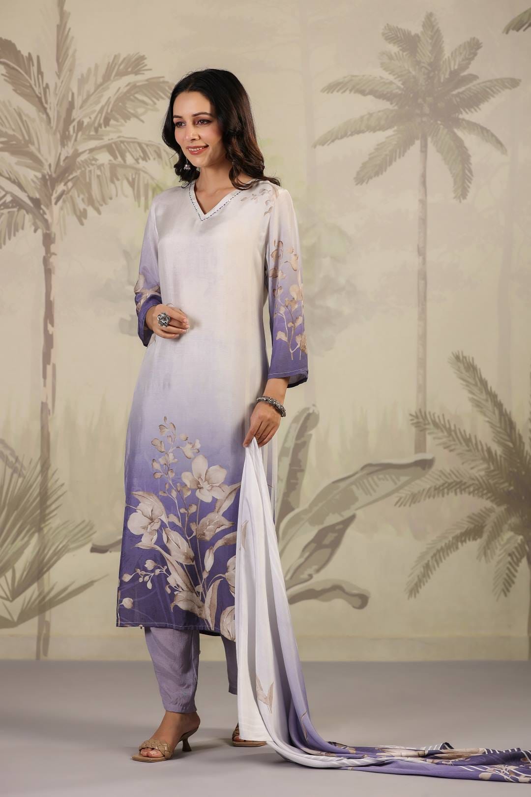 The Kurti Collection Women White V Neck Printed Kurta Paired With Bottom And Printed Dupatta