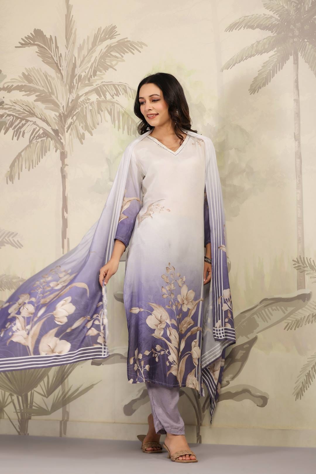 The Kurti Collection Women White V Neck Printed Kurta Paired With Bottom And Printed Dupatta