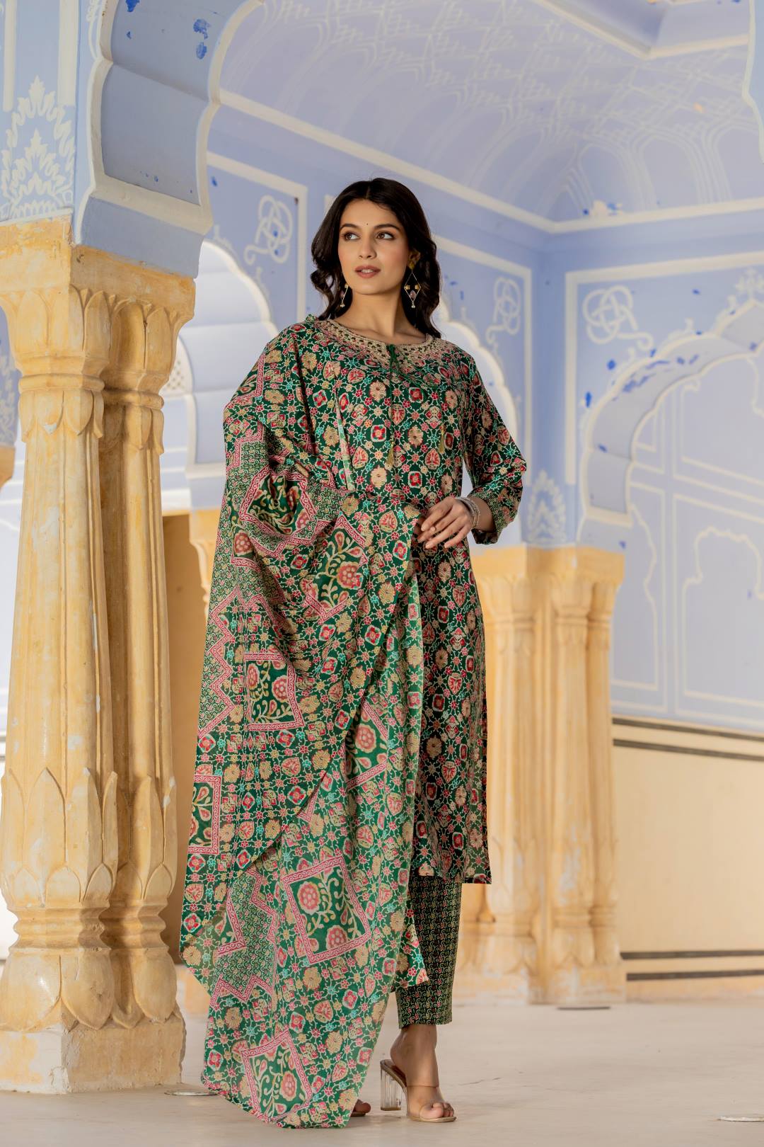 The Kurti Collection Women Green Printed Round Neck Straight Kurta With Bottom And Dupatta