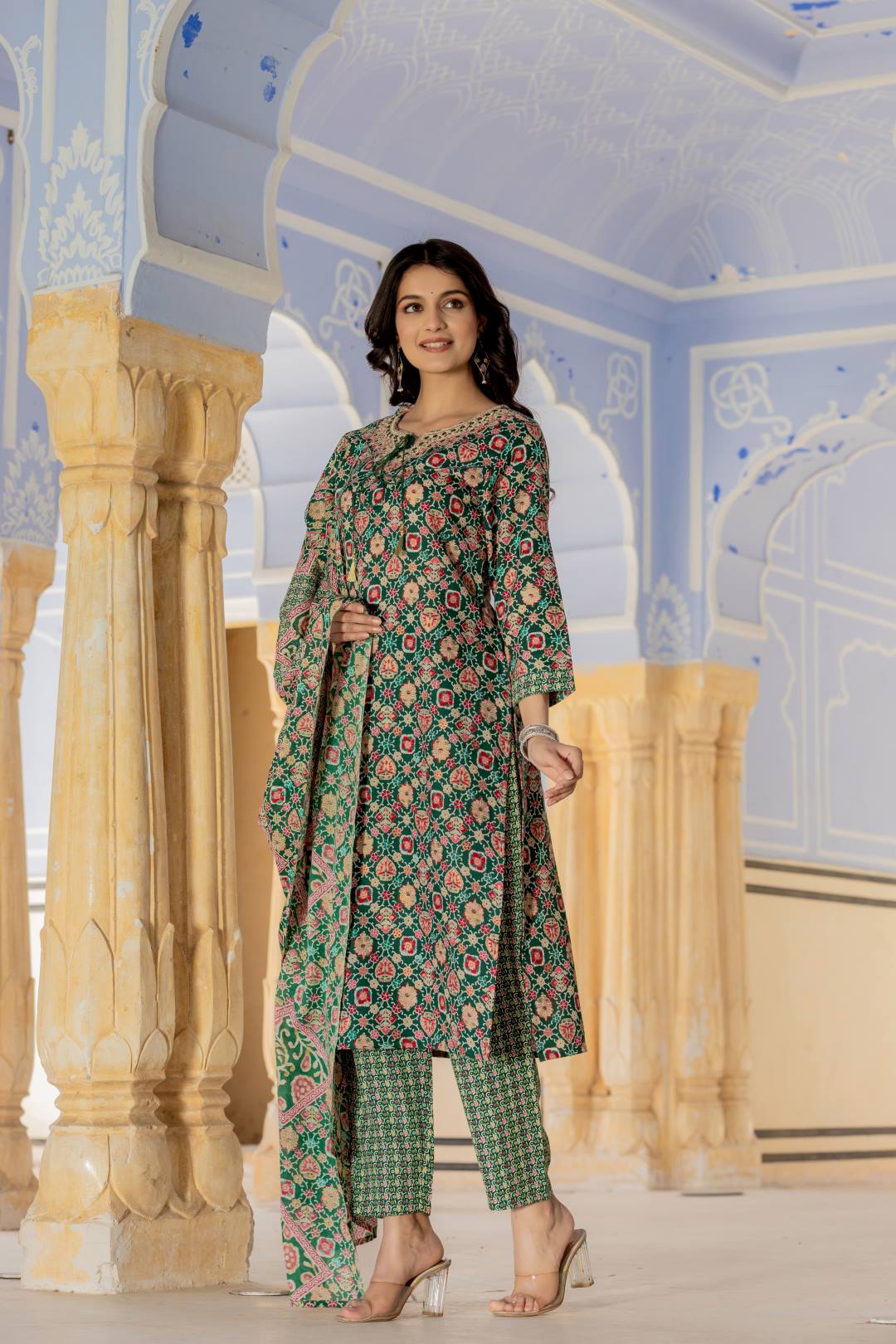 The Kurti Collection Women Green Printed Round Neck Straight Kurta With Bottom And Dupatta