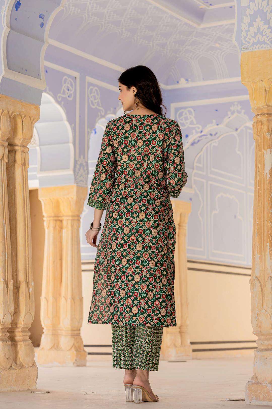 The Kurti Collection Women Green Printed Round Neck Straight Kurta With Bottom And Dupatta