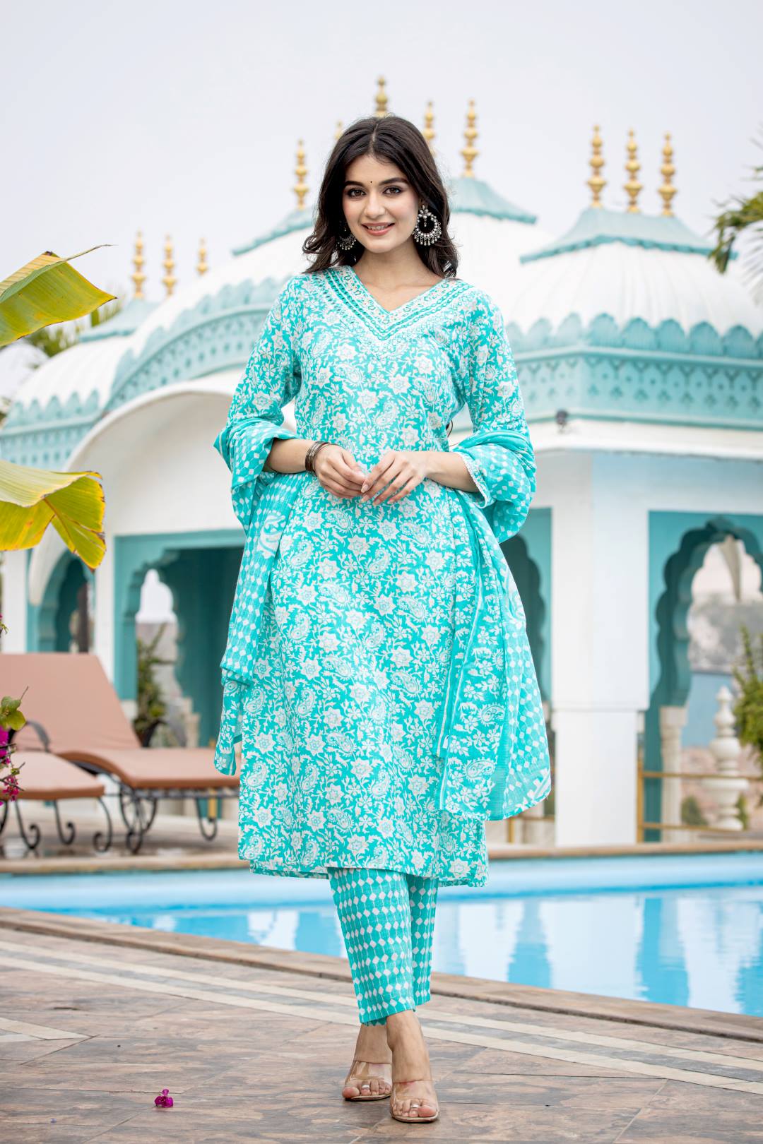 The Kurti Collection Women Blue V Neck Embroidered Kurta Paired With Printed Bottom And Dupatta