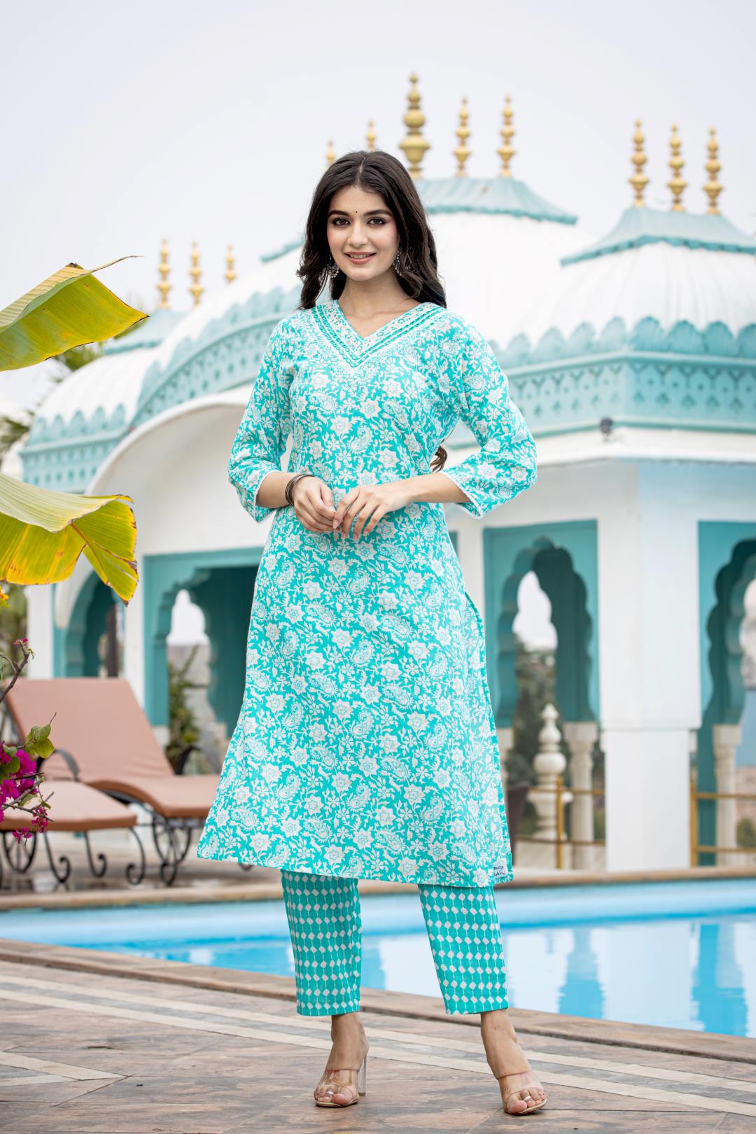 The Kurti Collection Women Blue V Neck Embroidered Kurta Paired With Printed Bottom And Dupatta