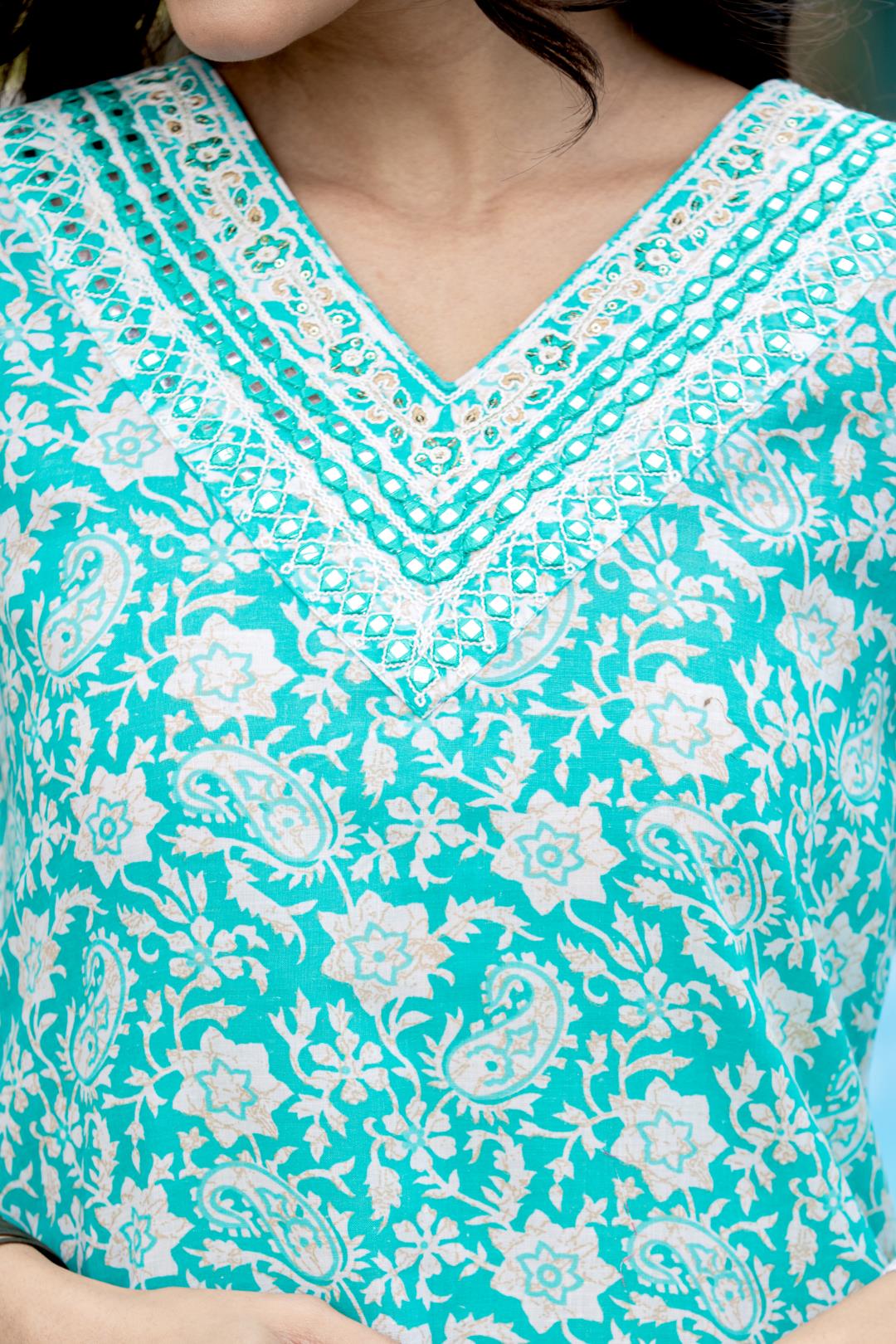 The Kurti Collection Women Blue V Neck Embroidered Kurta Paired With Printed Bottom And Dupatta