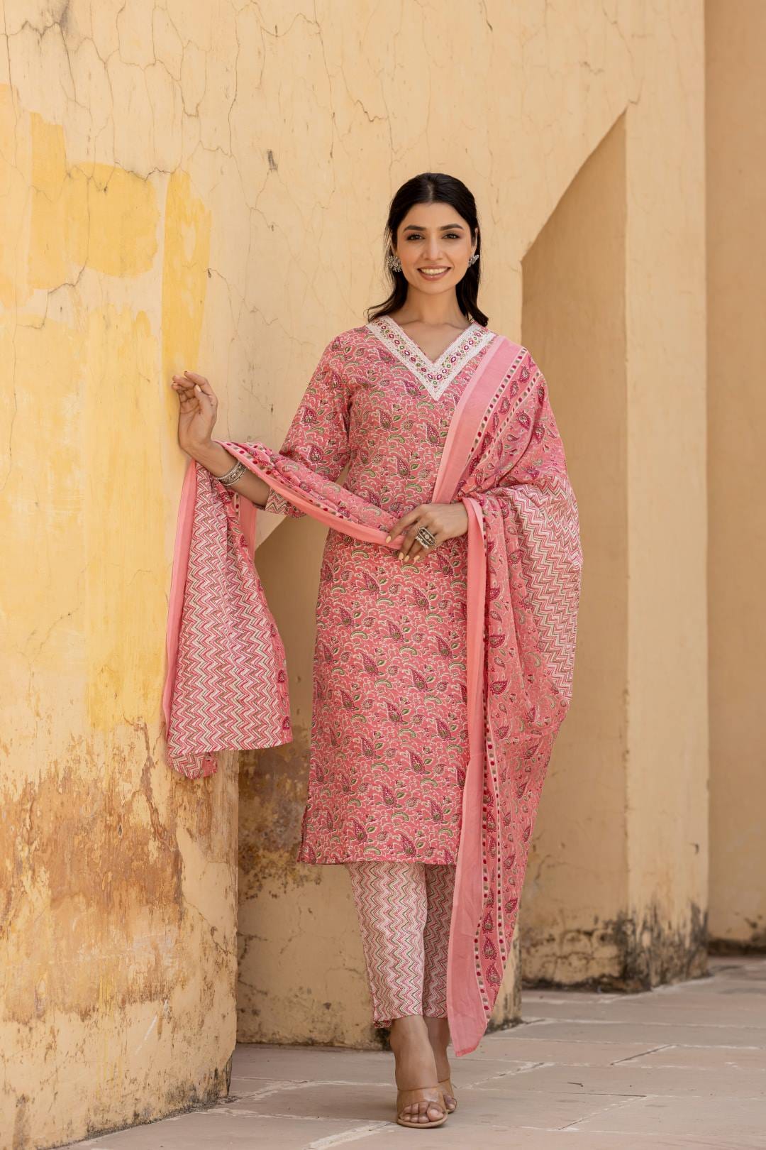 The Kurti Collection Women Pink Embroidered V Neck Kurta With Printed Bottom And Dupatta
