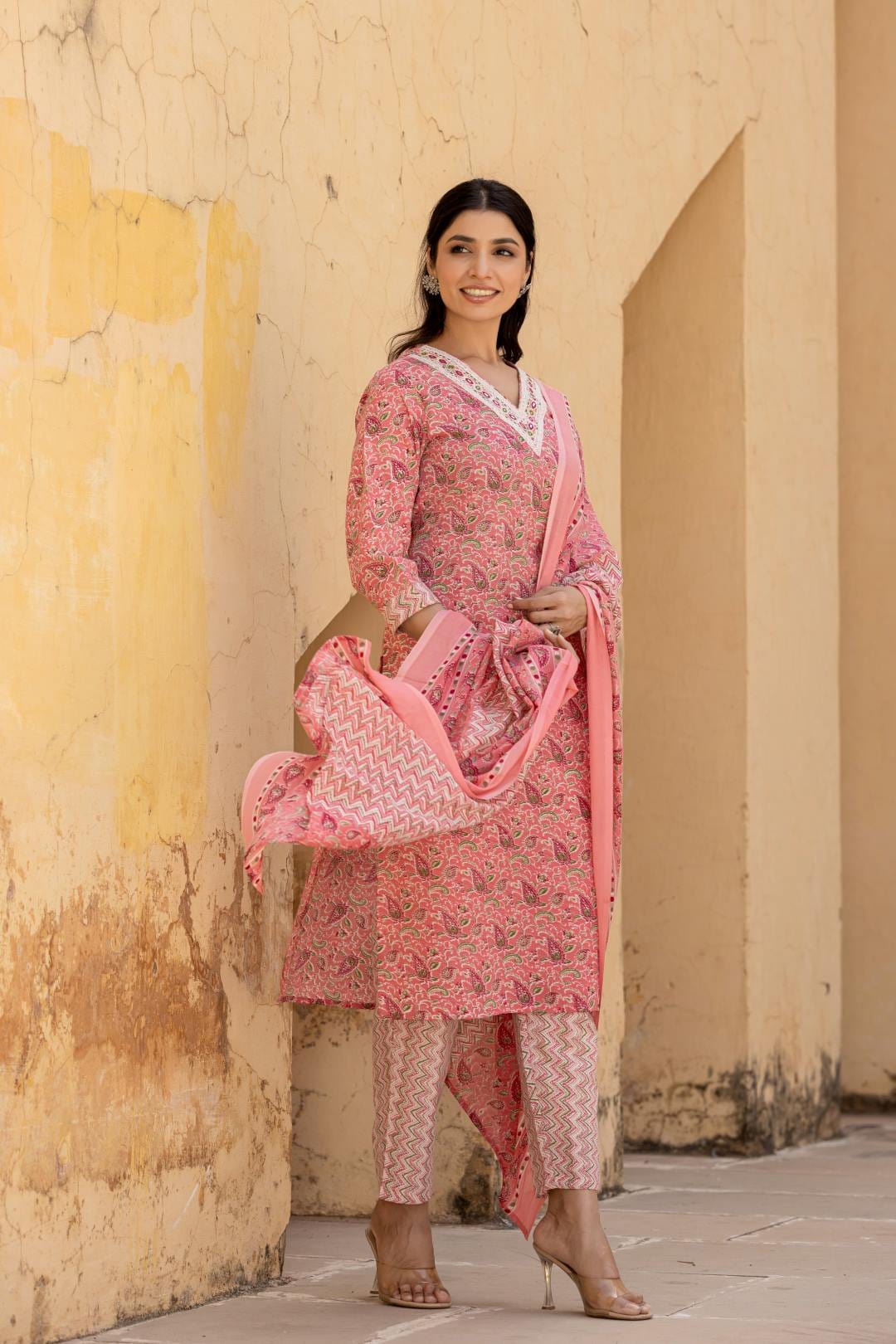 The Kurti Collection Women Pink Embroidered V Neck Kurta With Printed Bottom And Dupatta