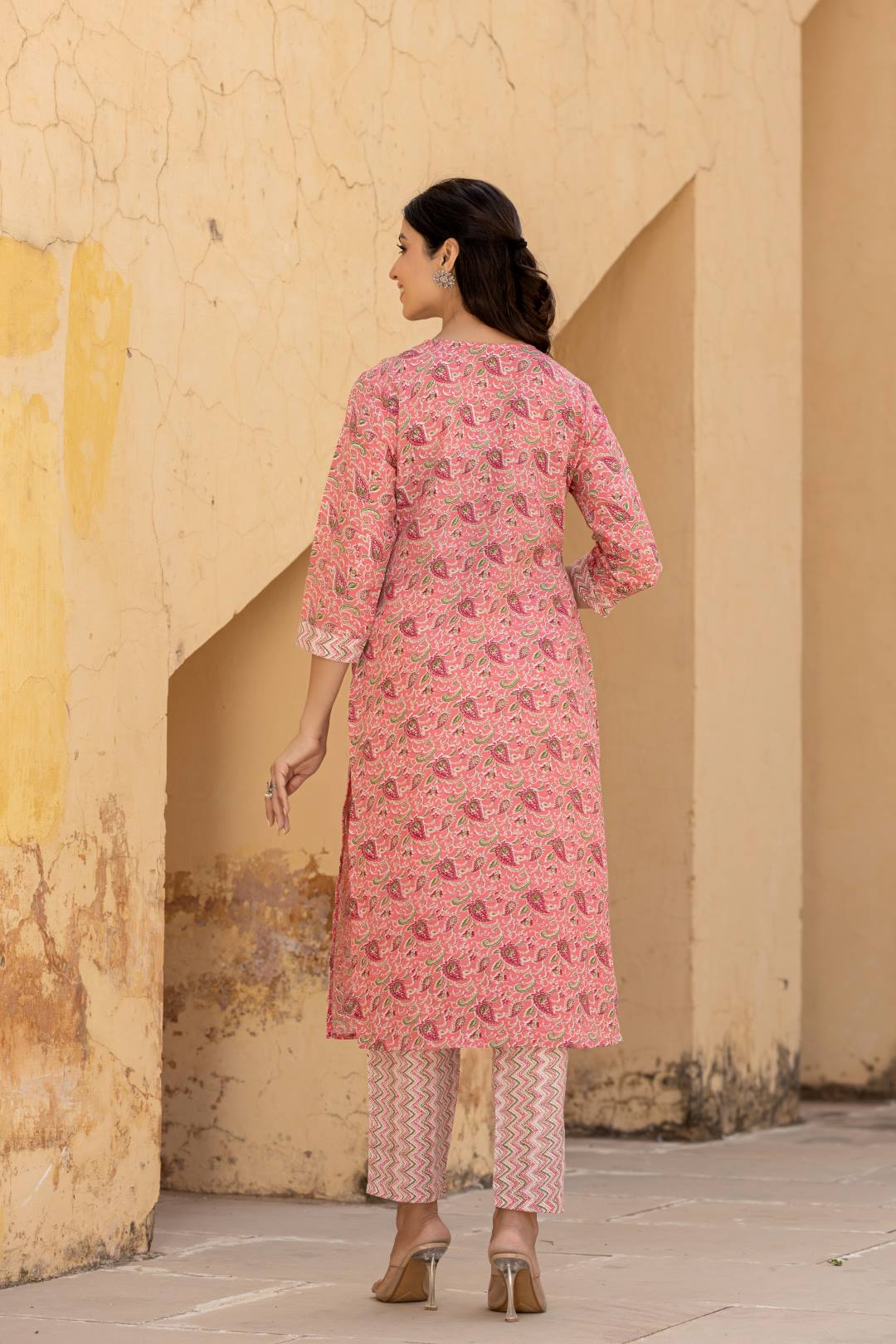 The Kurti Collection Women Pink Embroidered V Neck Kurta With Printed Bottom And Dupatta