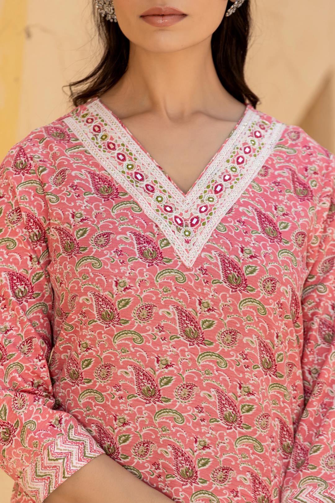 The Kurti Collection Women Pink Embroidered V Neck Kurta With Printed Bottom And Dupatta
