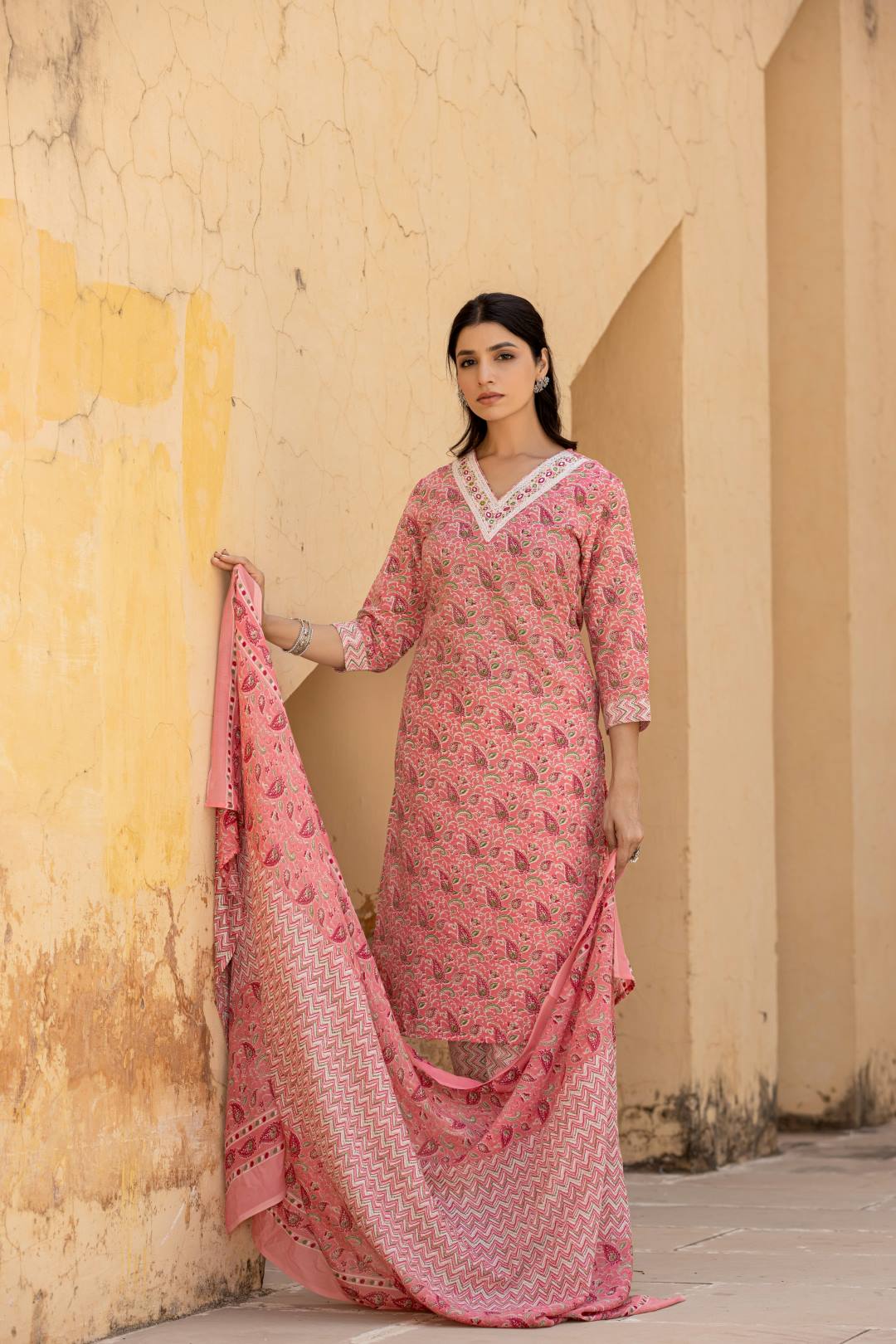 The Kurti Collection Women Pink Embroidered V Neck Kurta With Printed Bottom And Dupatta