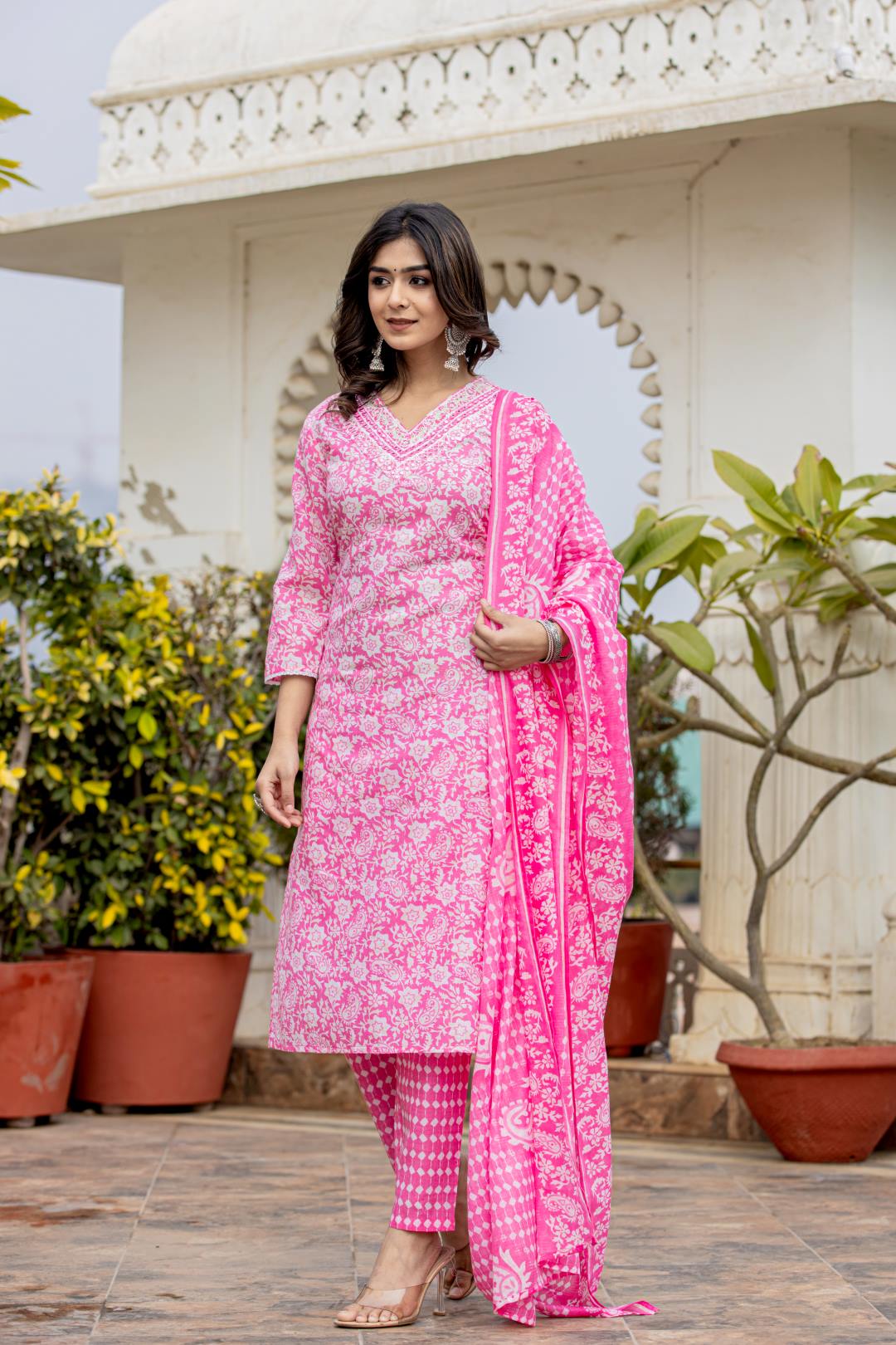 The Kurti Collection Women Pink V Neck Embroidered Kurta Paired With Printed Bottom And Dupatta