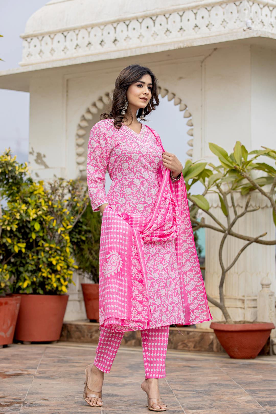 The Kurti Collection Women Pink V Neck Embroidered Kurta Paired With Printed Bottom And Dupatta