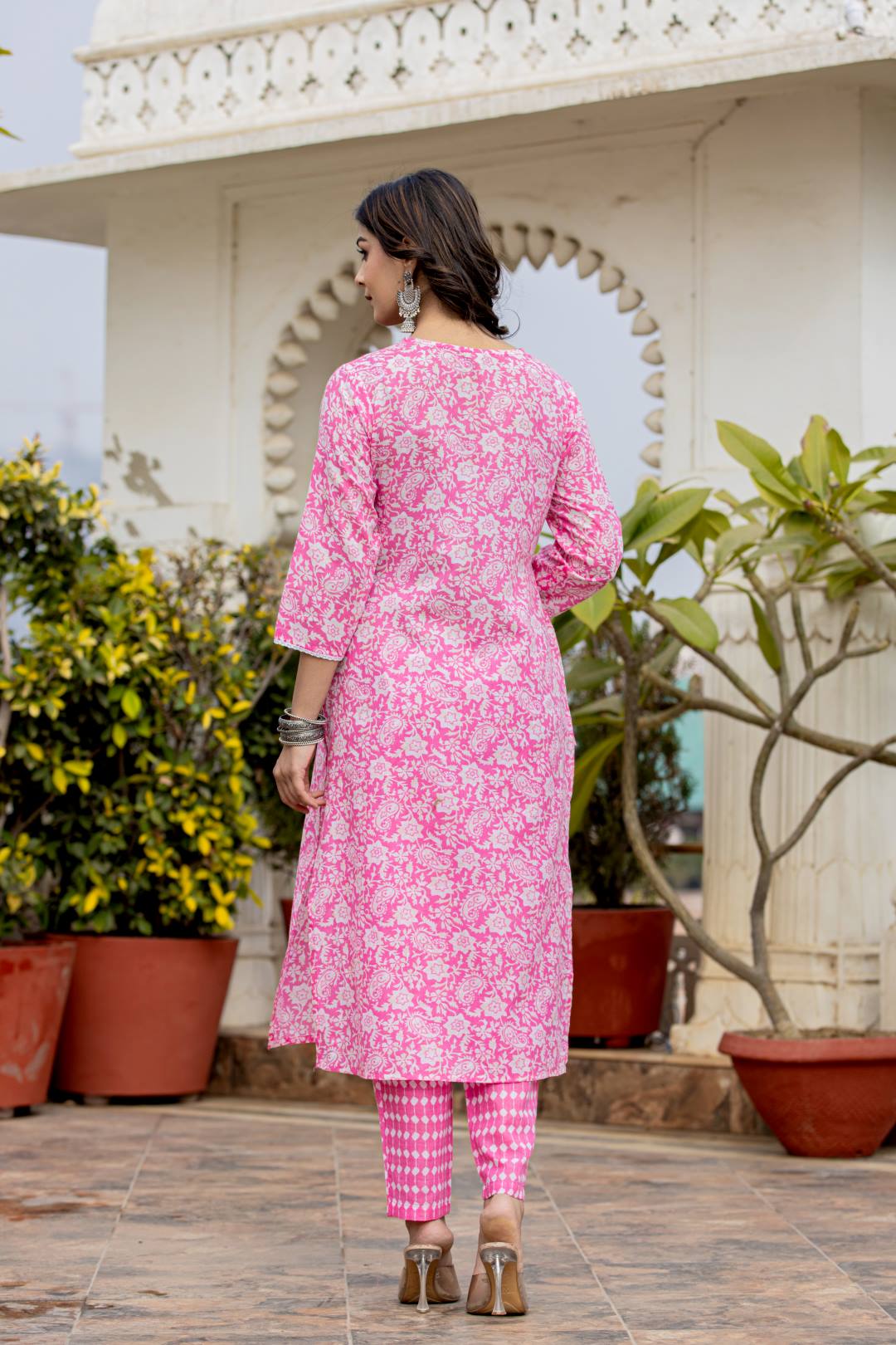 The Kurti Collection Women Pink V Neck Embroidered Kurta Paired With Printed Bottom And Dupatta