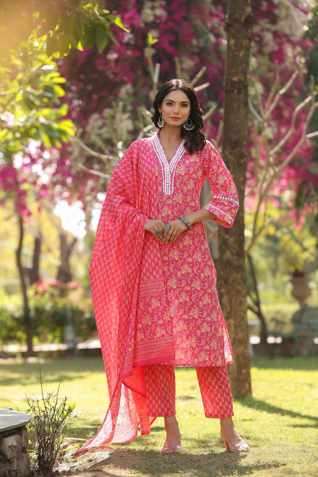 The Kurti Collection Women Pink V Neck Crochet Lace Detailed Kurta With Printed Bottom And Dupatta