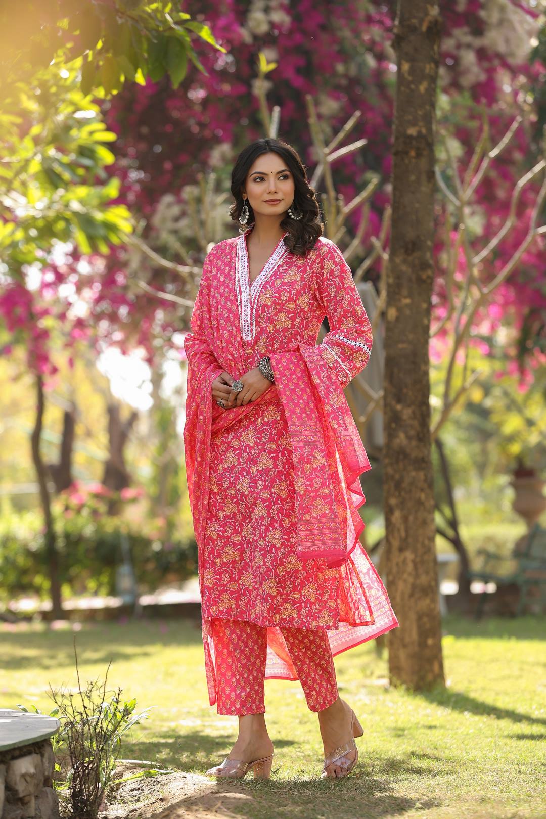 The Kurti Collection Women Pink V Neck Crochet Lace Detailed Kurta With Printed Bottom And Dupatta
