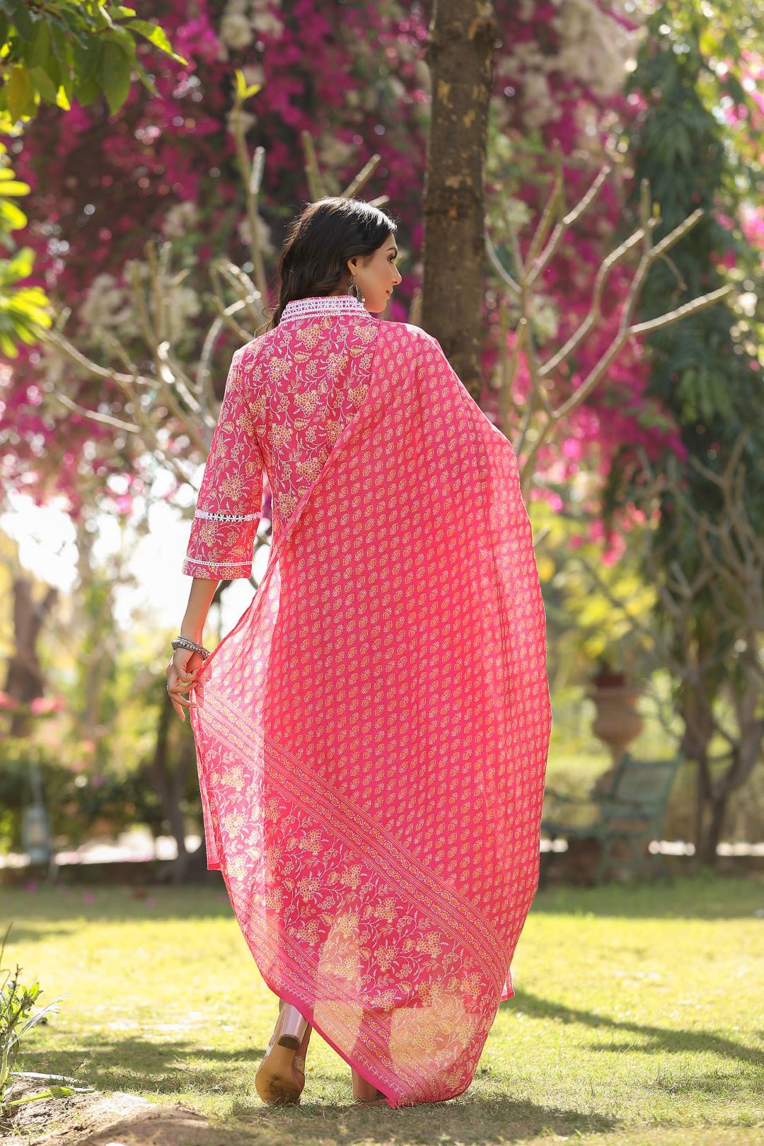The Kurti Collection Women Pink V Neck Crochet Lace Detailed Kurta With Printed Bottom And Dupatta