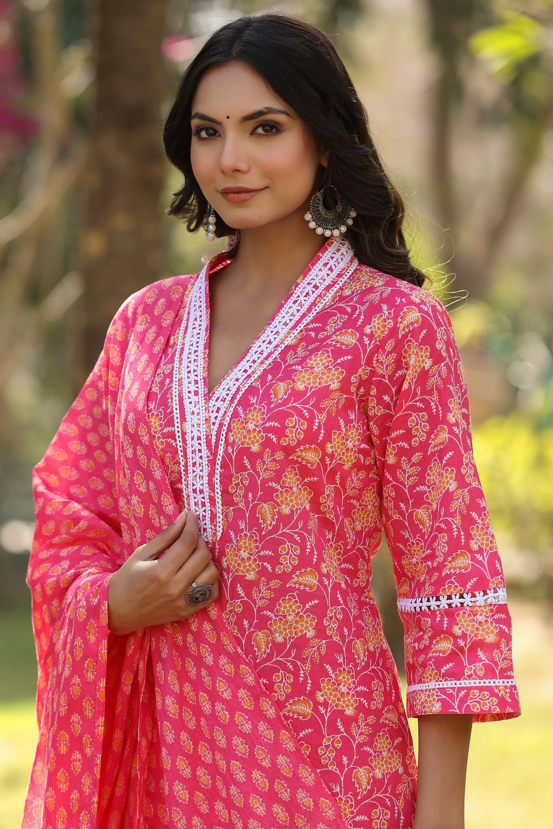 The Kurti Collection Women Pink V Neck Crochet Lace Detailed Kurta With Printed Bottom And Dupatta