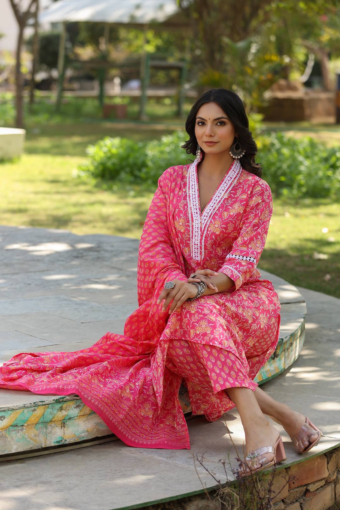 The Kurti Collection Women Pink V Neck Crochet Lace Detailed Kurta With Printed Bottom And Dupatta